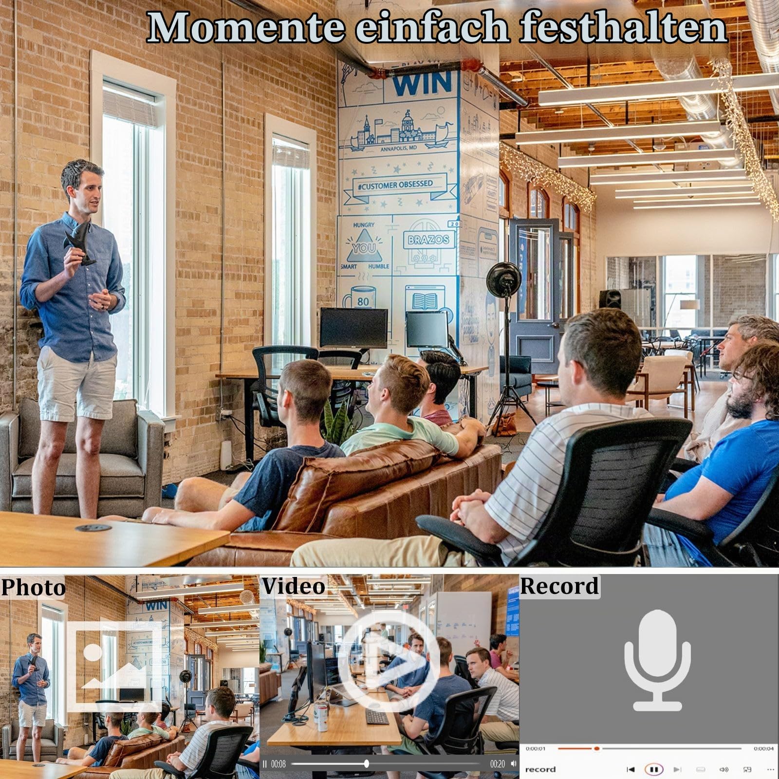 Andoer 4K Mini Körperkamera, Body Cam mit 180° Objektiv, WiFi-Videokamera mit Nachtsicht, Bewegungserkennung, unterstützt APP-Steuerung für tägliche Aufzeichnung/Service/Lieferung/Konferenz
