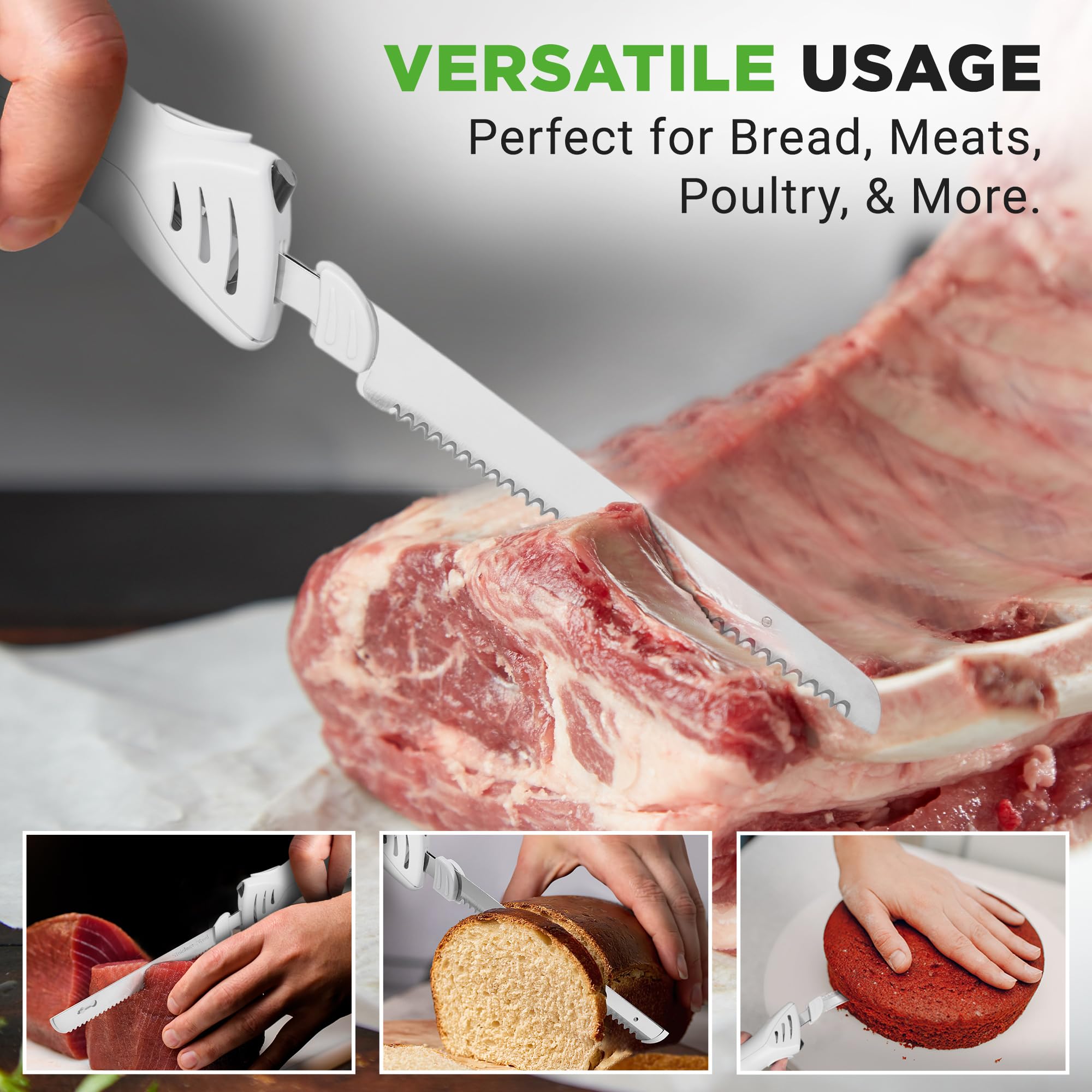 NutriChef Electric Carving Turkey Slicer Kitchen Knife | For Thanksgiving | Portable Electrical Food Cutter Knife Set with Carve Blades & Wood Stand | Cuts Meat, Bread, Cheese & Fruit | White — Amazon image 2
