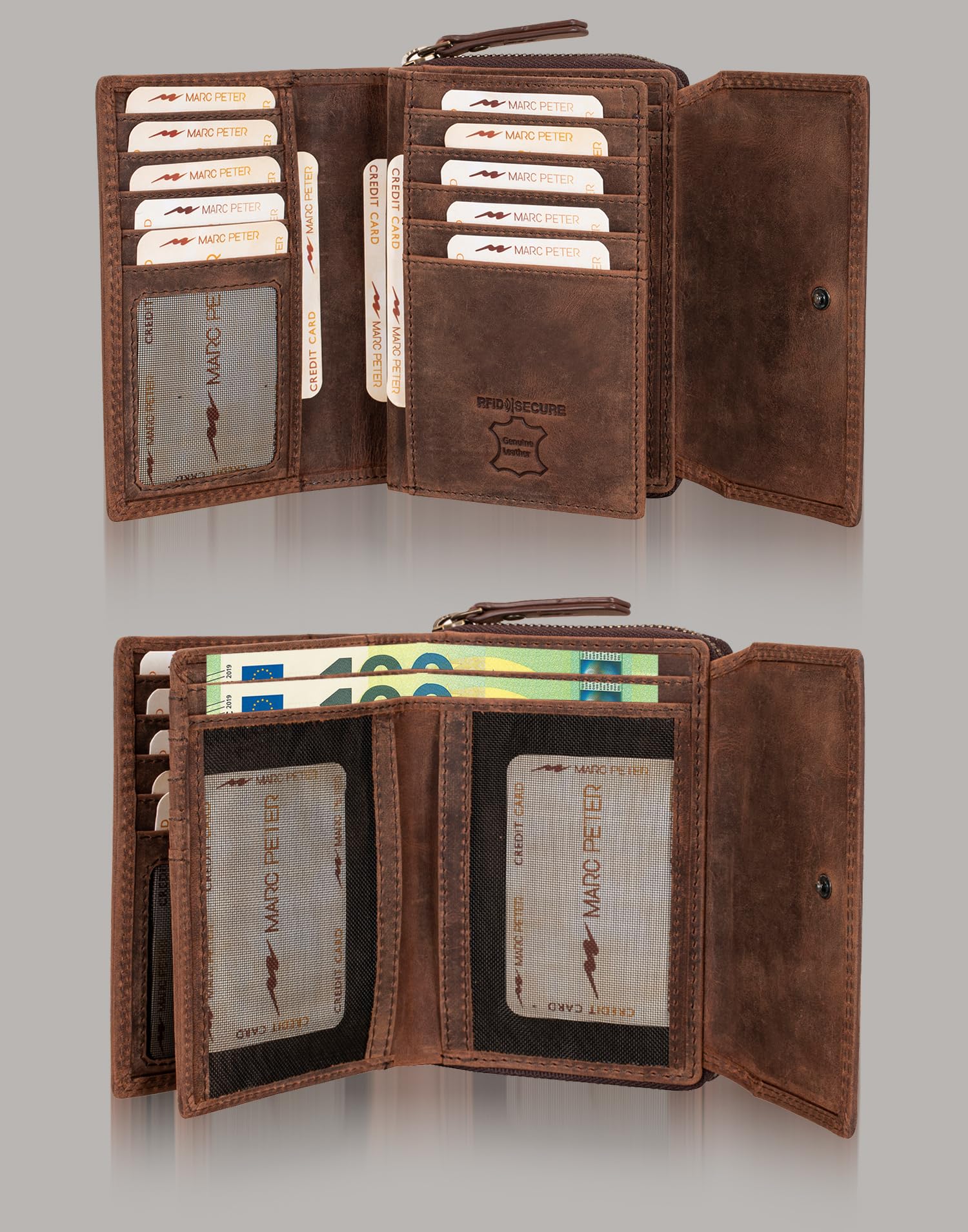 Marc Peter Damen Geldbeutel Leder RFID Geldbörse Vintage Portemonnaie Echtleder Braun