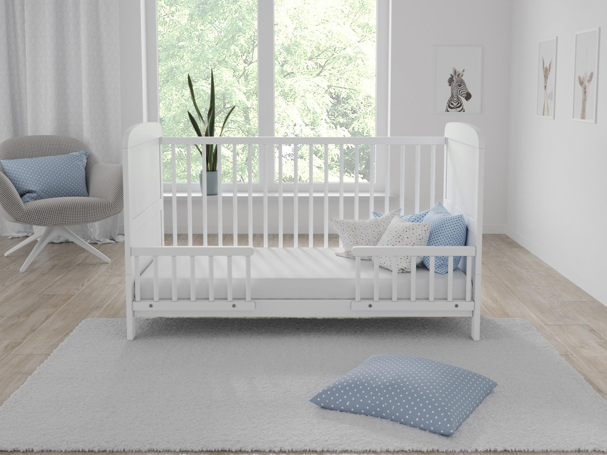 Love For Sleep Cuna Bebé 70x140 cm Convertible en Cama Junior – Cama Infantil Evolutiva Blanca de Madera con 2 Barandillas Anticaída, Modelo Maddox