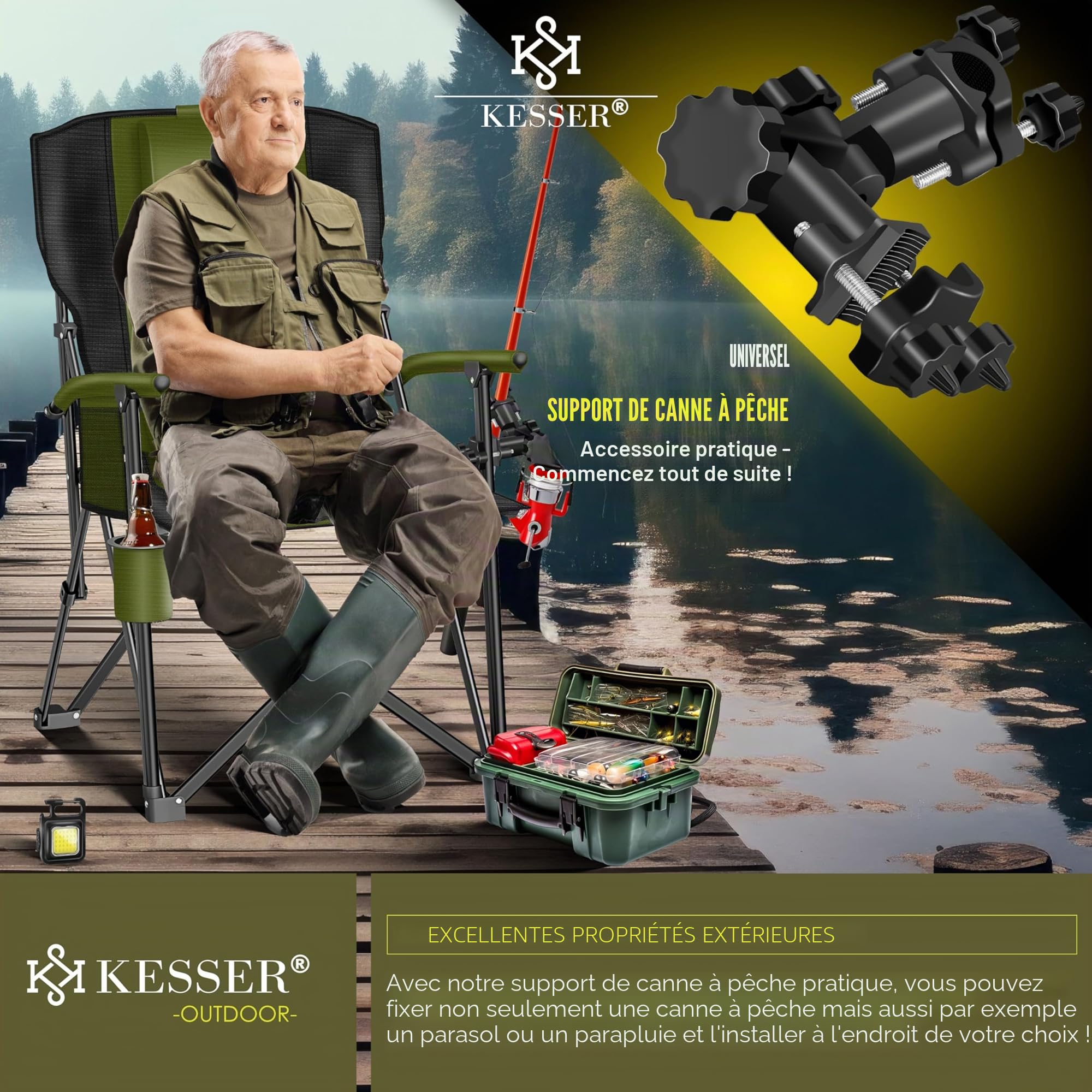 KESSER® Chaise de camping pliable jusqu'à 160 kg, Chaise de pêche pliante rembourrée avec accoudoirs, Lampe de camping et porte-gobelet + sac à dossier haut, Chaise de plage avec support de pêche