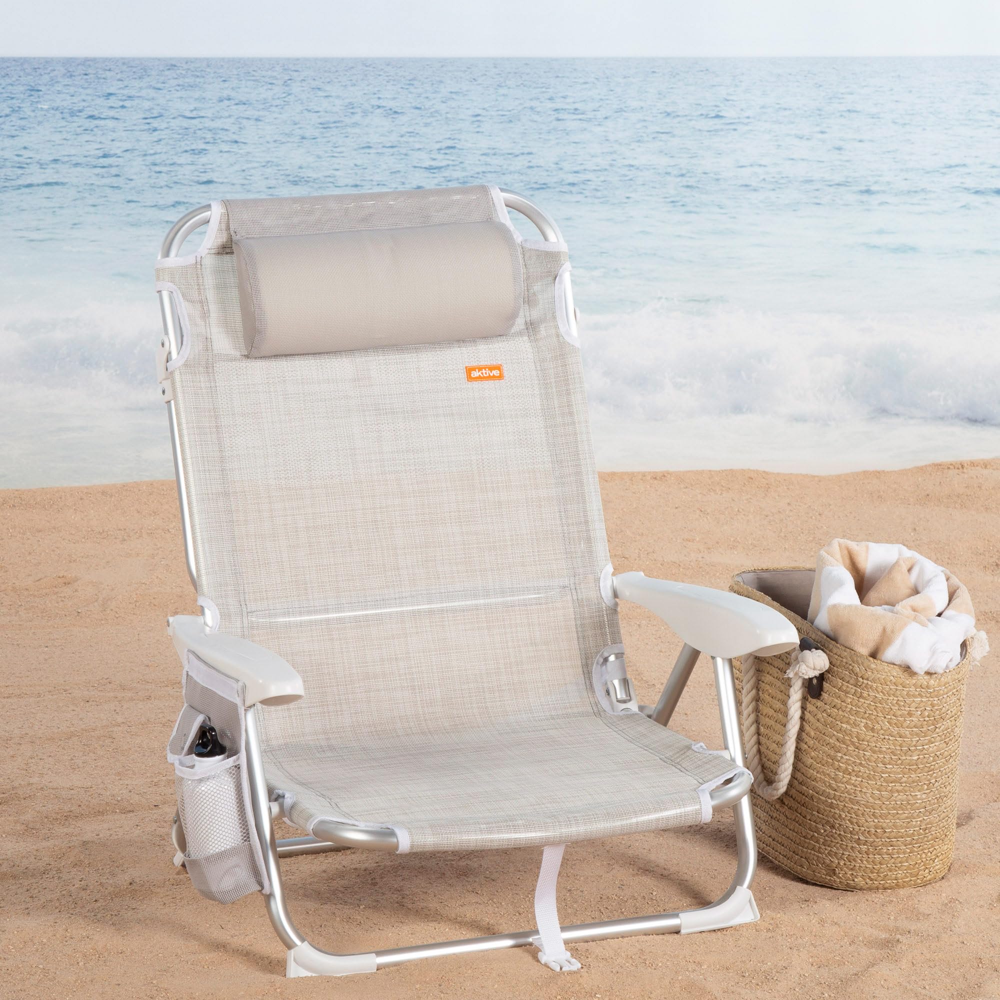 Aktive 62623 - Chaise de plage inclinable, 4 positions, beige, avec poignée de transport, 67 x 67 x 76 cm