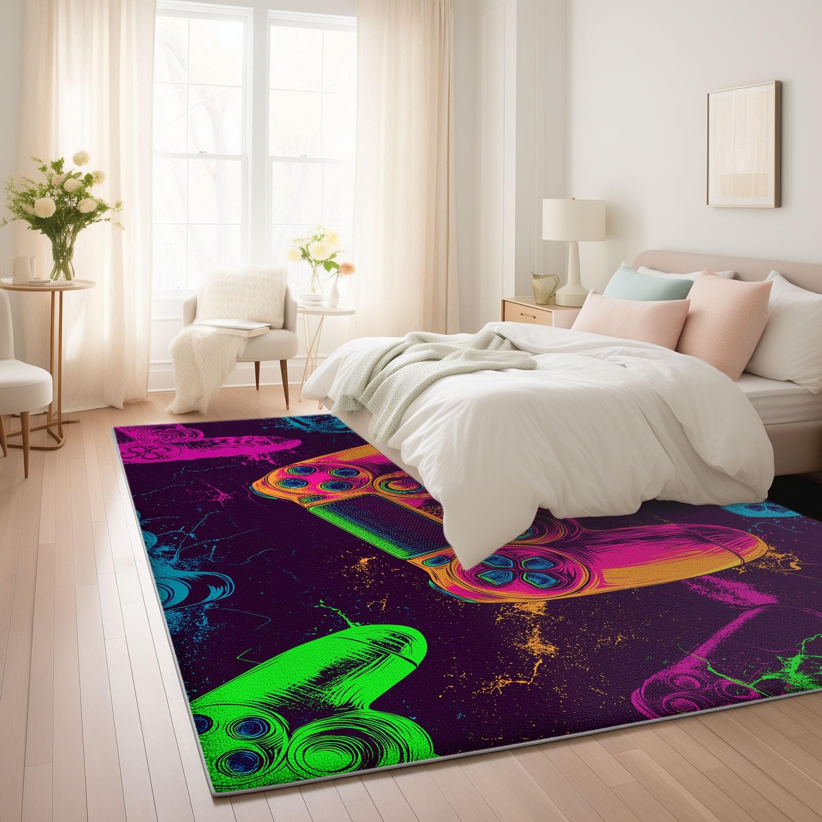Tappeto moderno con controller di gaming, fondo morbido antiscivolo, a pelo corto, di medie dimensioni, per camera dei bambini, cucina e camera da letto, delicato sulla pelle, viola, 120 x 170 cm