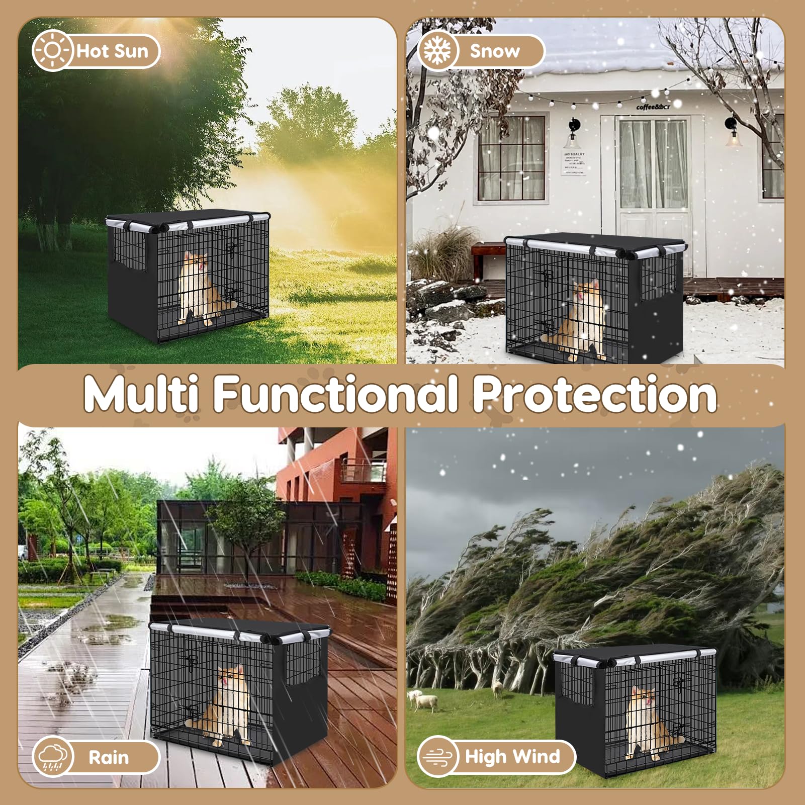 Rosvola Copertura impermeabile per gabbia per cani, in tessuto Oxford antivento, con finestre ventilate (XL)