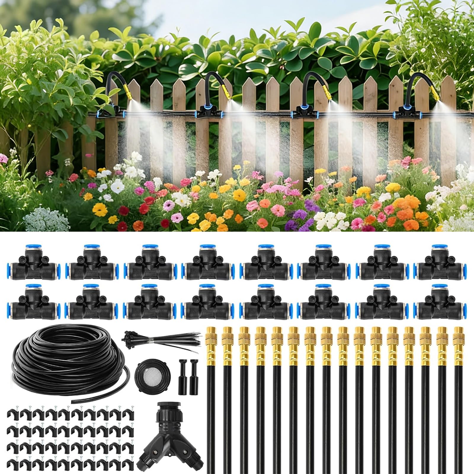 Sistema de riego por goteo de 100 pies de 1/4 pulgadas – Kit de riego por goteo y kit de riego de jardín con 16 boquillas de cobre ajustables de 360°, spray automático de niebla para camas