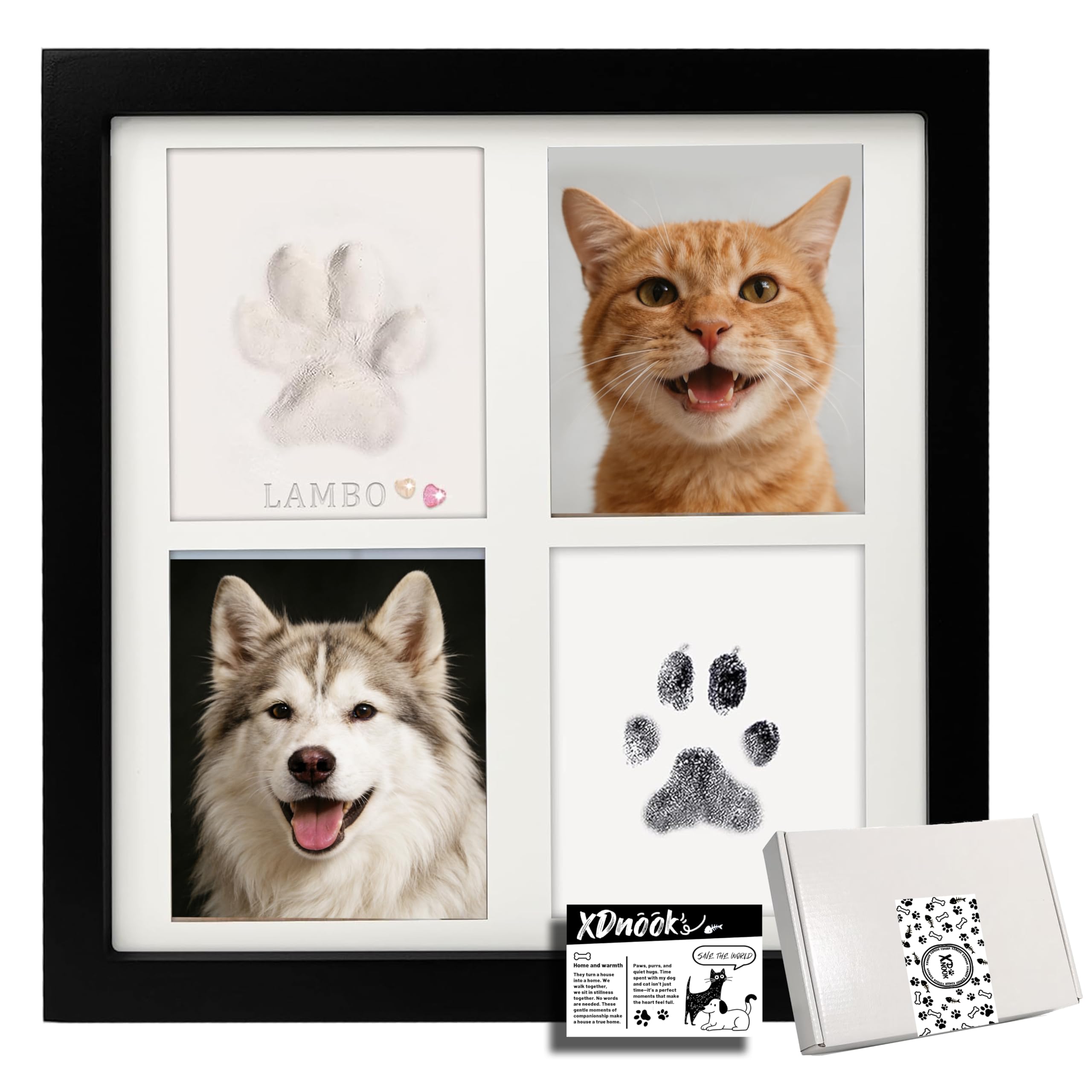 XDNOOK Ink & Clay Paw Print Kit for Dog Cat,Clean-Touch Ink Pad & Soft Clay,Pet Paw Print Impression Kit Large Area,Keepsake Frame for 1-2 Pets,Cat/Dog Gifts (Black)