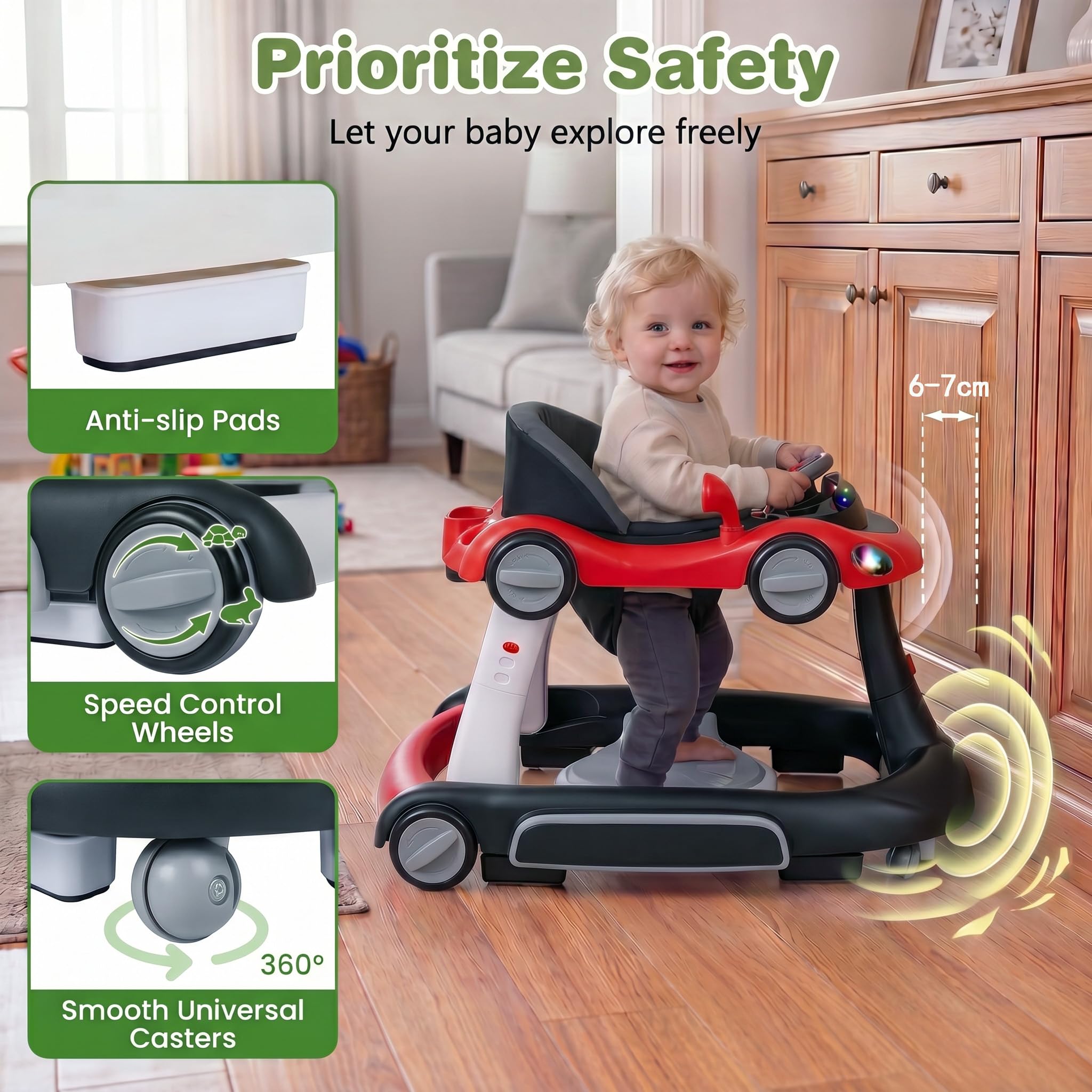 LIFEZEAL Lauflernwagen mit Sonnenschirm, 6-in-1 Lauflernhilfe Gehhilfe Baby mit Licht, Musik, Spielecenter & Tablett, Baby Walker mit einstellbarer Höhe & Geschwindigkeit, ab 7-18 Monate (Rot)