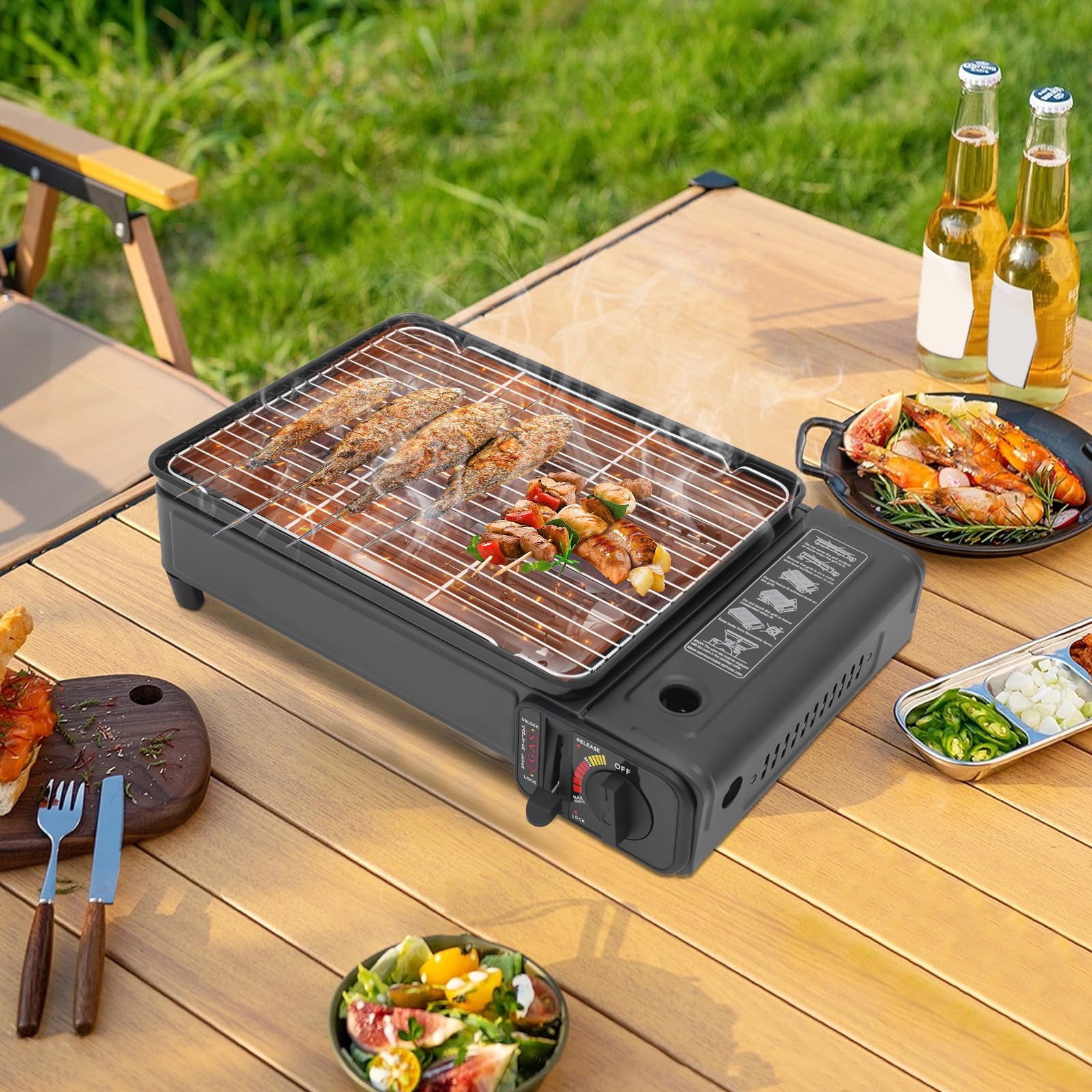 Barbecue a gas portatile con 2,2 KW di potenza, barbecue da campeggio con accensione piezoelettrica, fiamma regolabile e protezione da sovrapressione per campeggio, picnic, balcone ed esterni
