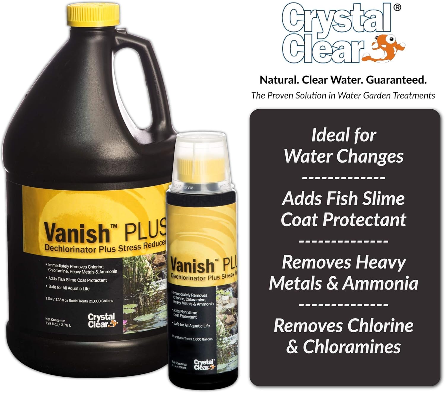 CrystalClear Vanish Plus Liquid Dechlorinator - Dextoxifier Plus Stress Reducer - 1 Gallon Treats Up To 25,600 Gallons