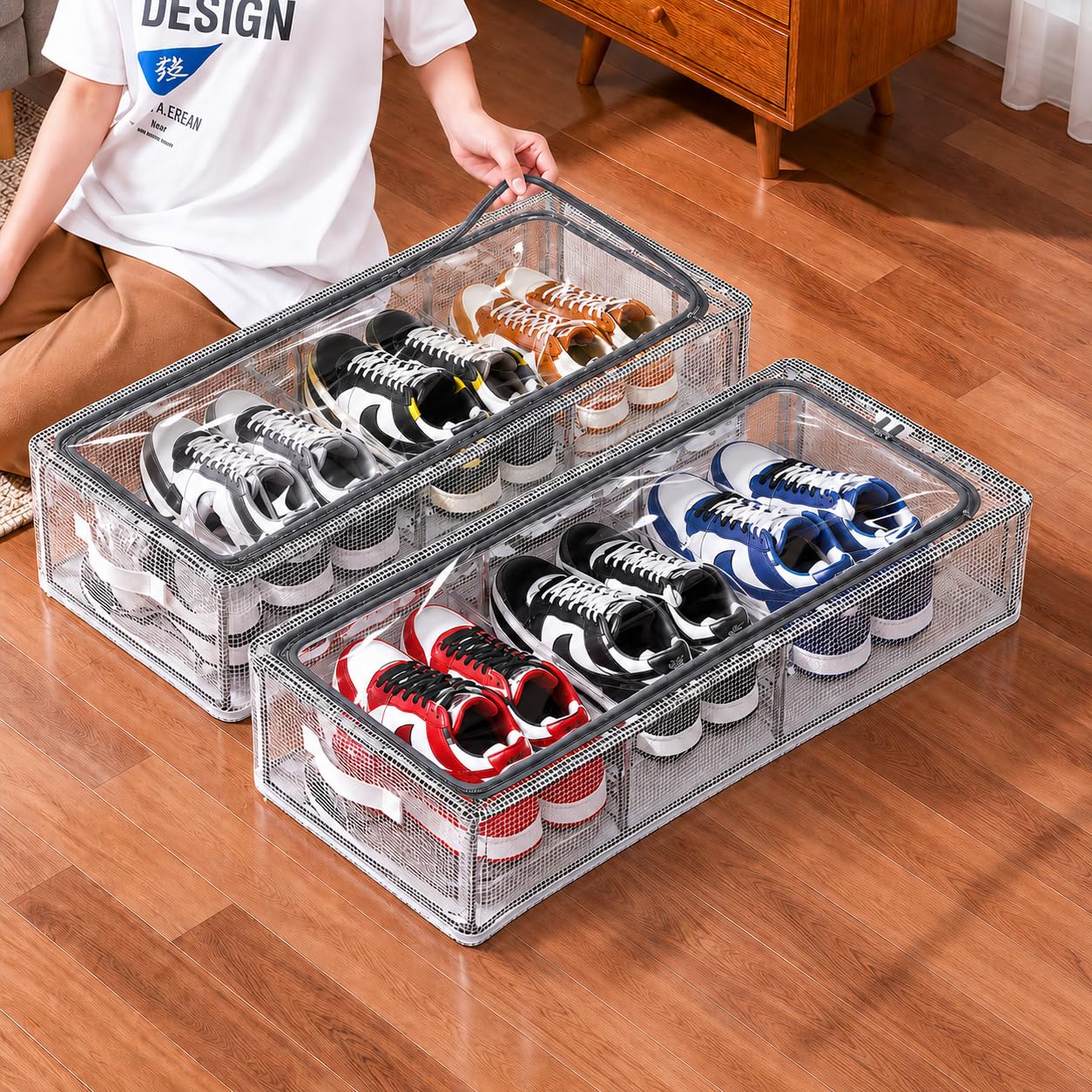 JD FRESH 2 Pcs Transparent Shoe Storage Organizer/Foldable Steel Frame Shoe Storage Box/Stackable Footwear Organiser/Plastic Under Bed Storage Box for Home/Space Saving Shoe Rack with Handle & Zipper