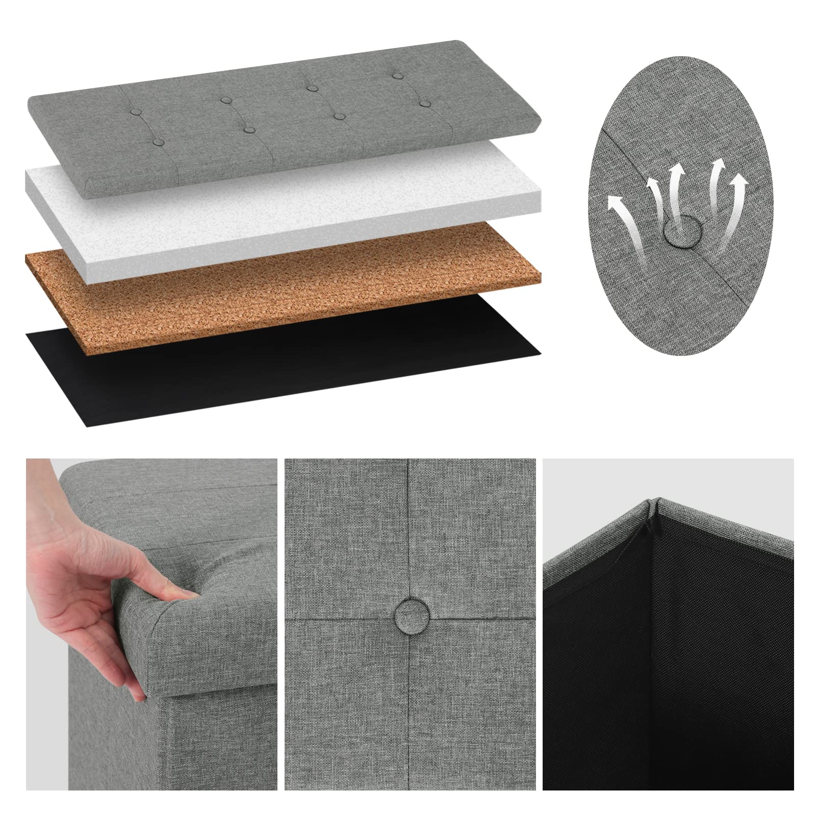WOLTU Sitzbank mit Stauraum 110cm, Truhe mit stauraum 118L Faltbar, Sitztruhe Sitzbox Aufbewahrungsbox klappbare, Bettbank Schlafzimmer, belastbar bis 300 kg, aus Leinen, Hellgrau