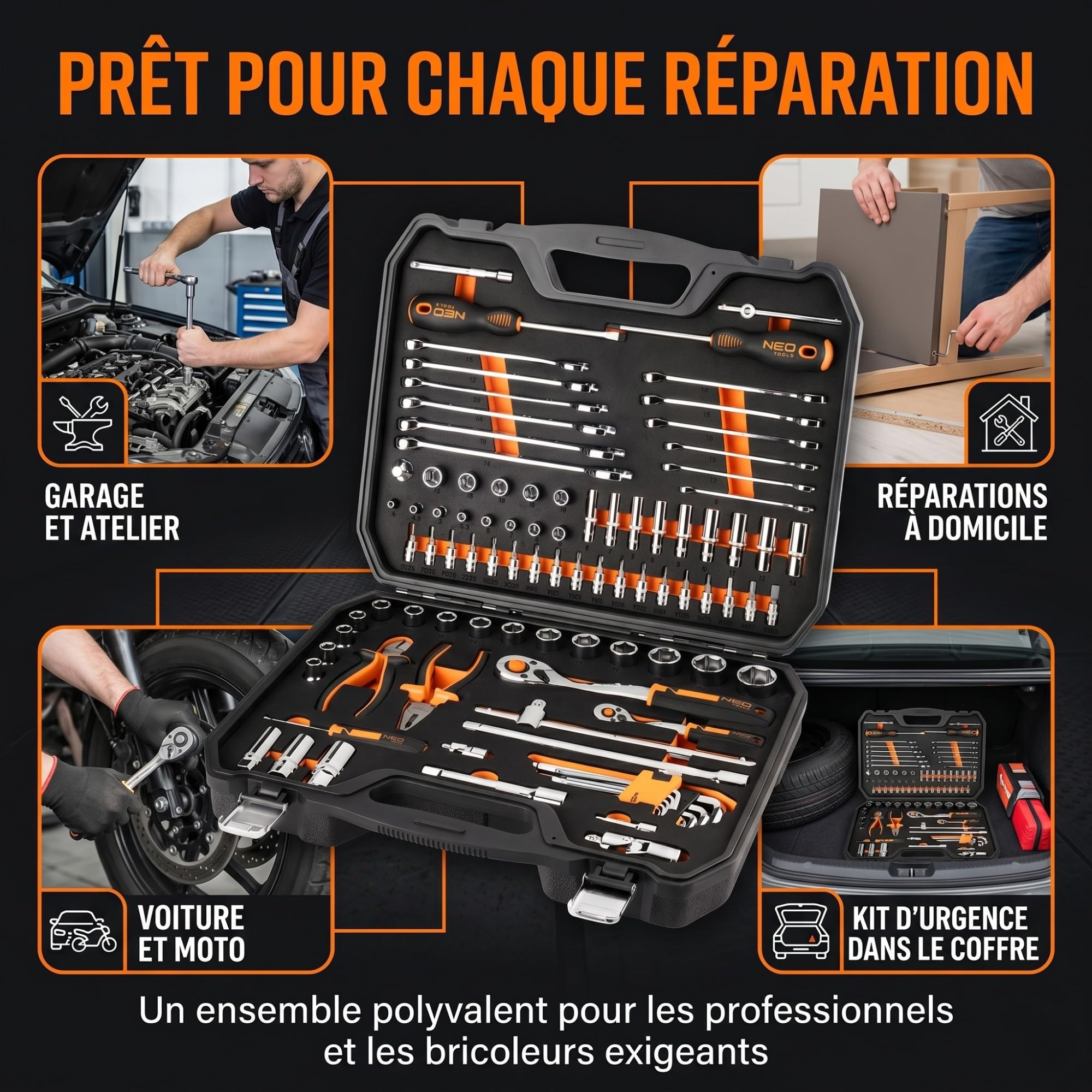 NEO TOOLS Valise à outils 95 pièces – Coffret de douilles professionnel avec cliquets 90T, jeu de clés mixtes, insert en mousse EVA, coffret de cliquets pour automobile et atelier, kit complet