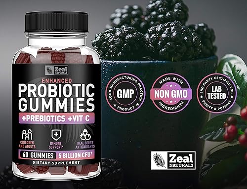Miniatura 5 de Gomitas probióticas para adultos y niños (60 unidades | 5 mil millones de UFC) con antioxidantes de bayas orgánicas y vitamina C para apoyo