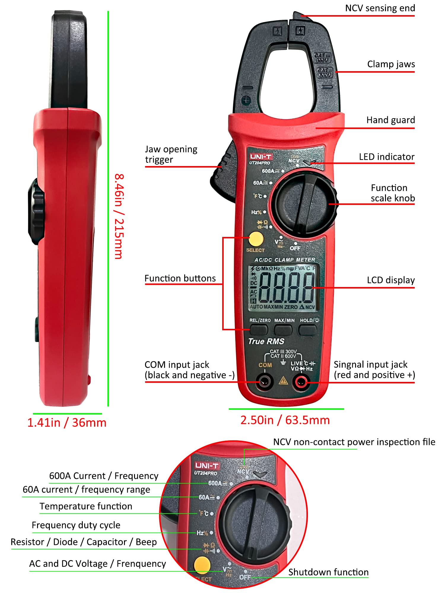 UNI-T UT204PRO Pinza Amperimétrica, Valor Eficaz Verdadero, con Detección de Pinza NCV, Tensión de 600A 600V CA/CC, Corriente, Resistencia, Temperatura,Detección de Cable Vivo, Diodo