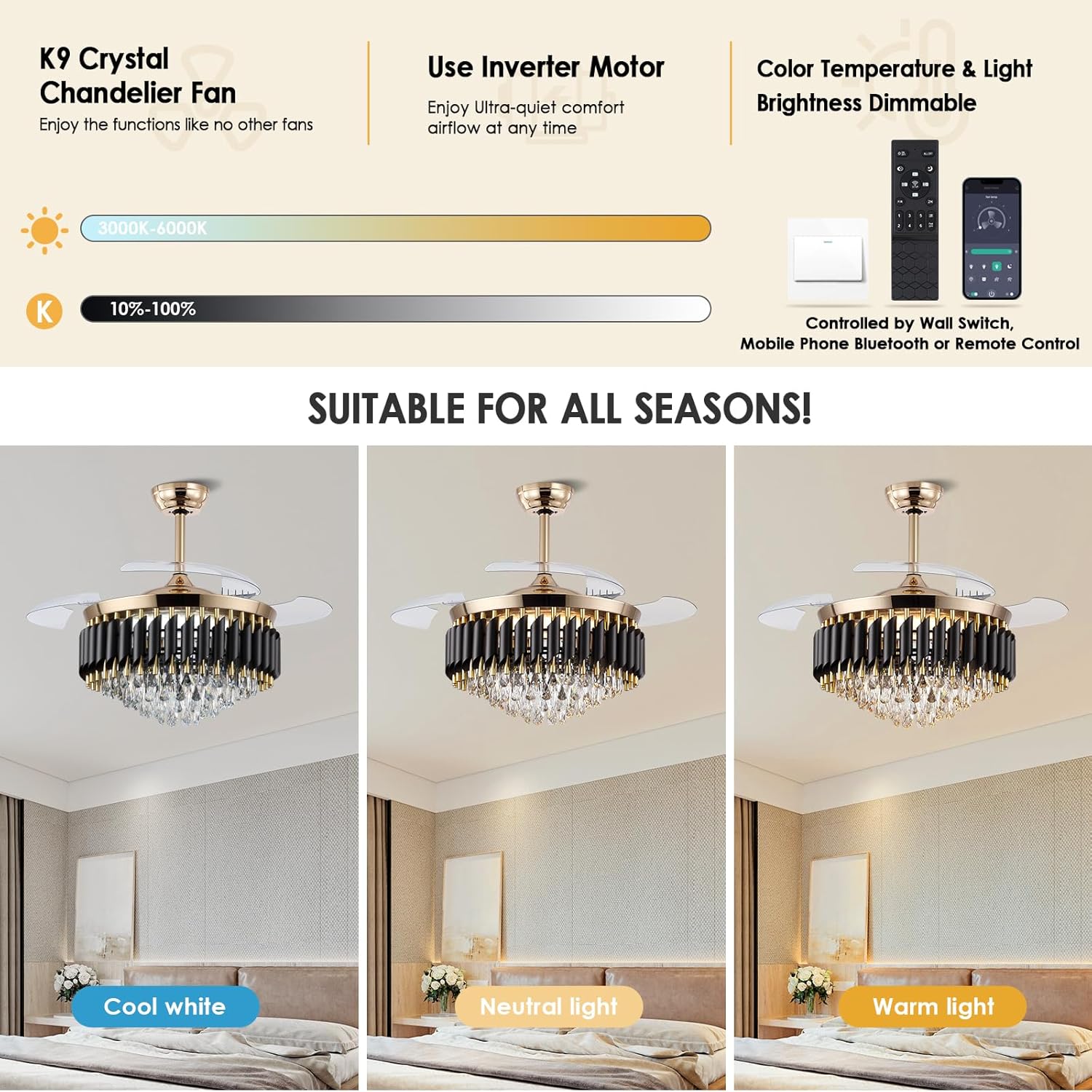 Asyko 48" Golden Crystal Ceiling Fans with Lights and Remote and APP, Modern Retractable Blades Ceiling Fan with 3 CCT for Living Room,Dining Room, Kitchen, Reversible