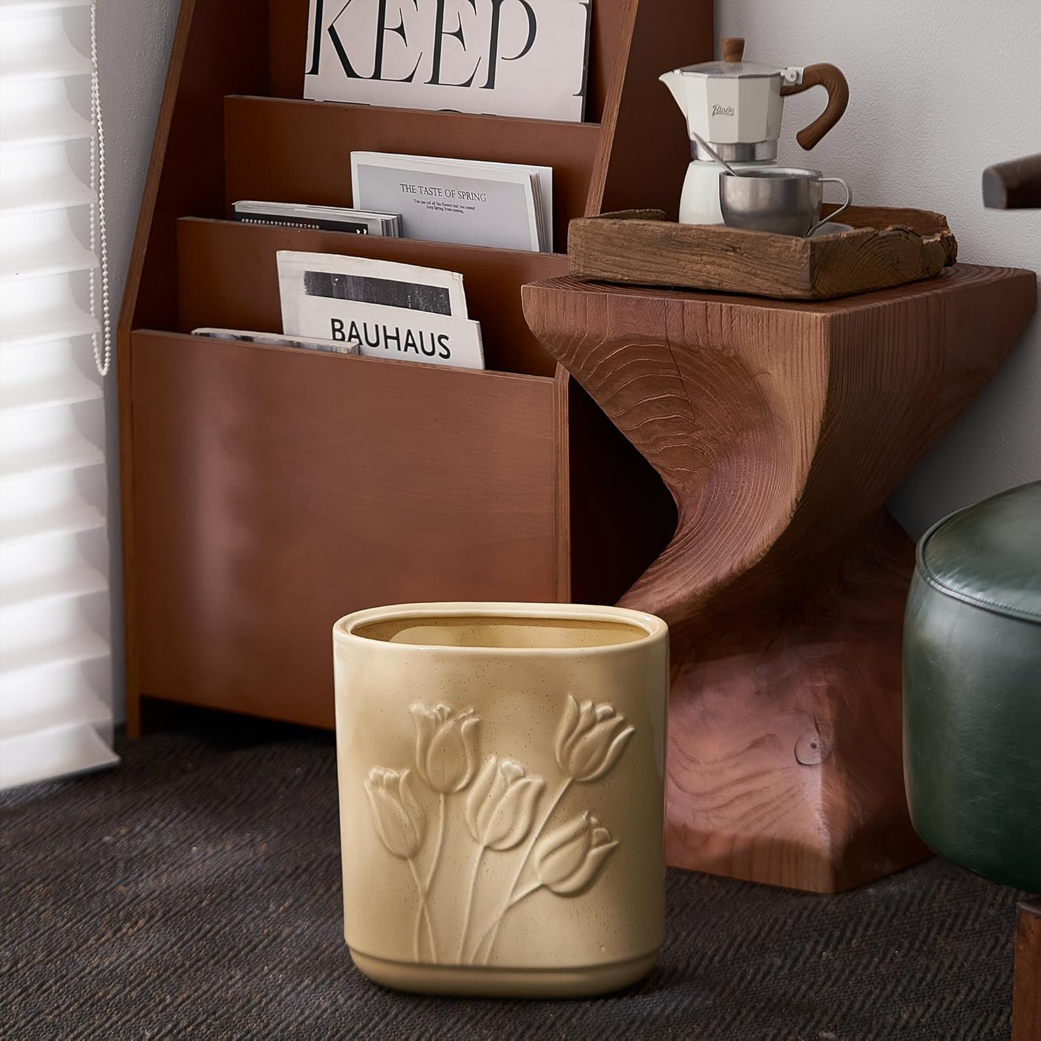 Beige Ceramic Tulips Small Bathroom Trash Can 2.6 Gal (10 Liter) - Heavy & Decorative Garbage Bin for Bathroom, Kitchen, Office, Bedroom & Living Room Corner