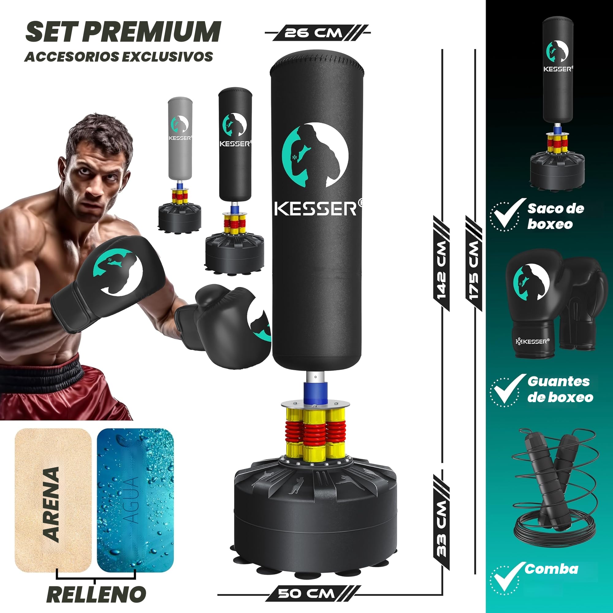 KESSER® Saco de boxeo de pie para adultos con guantes de boxeo + cuerda para saltar, saco de kickboxing, saco de boxeo de pie MMA Boxing Partner Boxing Trainer Fitness Punching Bag con base de succión