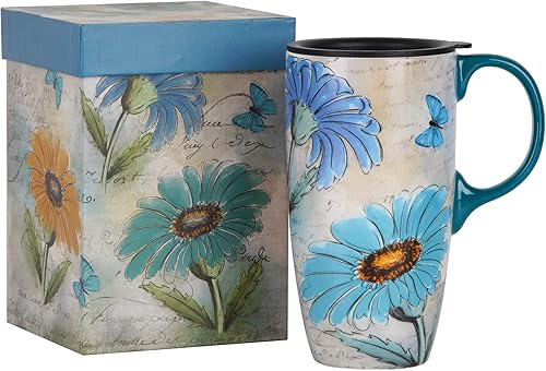 Topadorn Taza de café de cerámica con tapa, tazas de café con asa y caja de color a juego, 17 onzas. Margarita