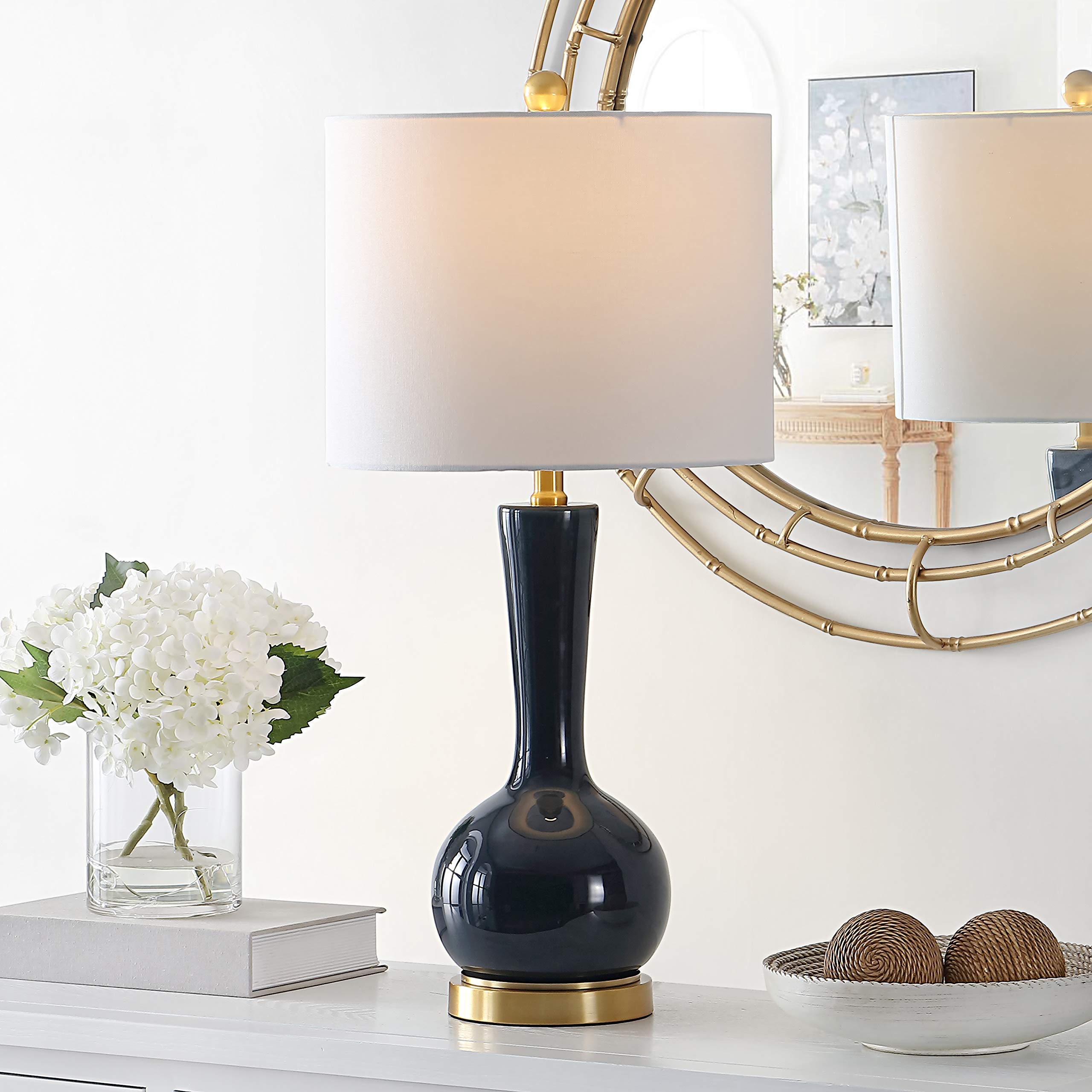 SAFAVIEH Lighting Collection Gaetna Modern Contemporary Navy Glass 27-inch Bedroom Living Room Home Office Desk Nightstand Table Lamp