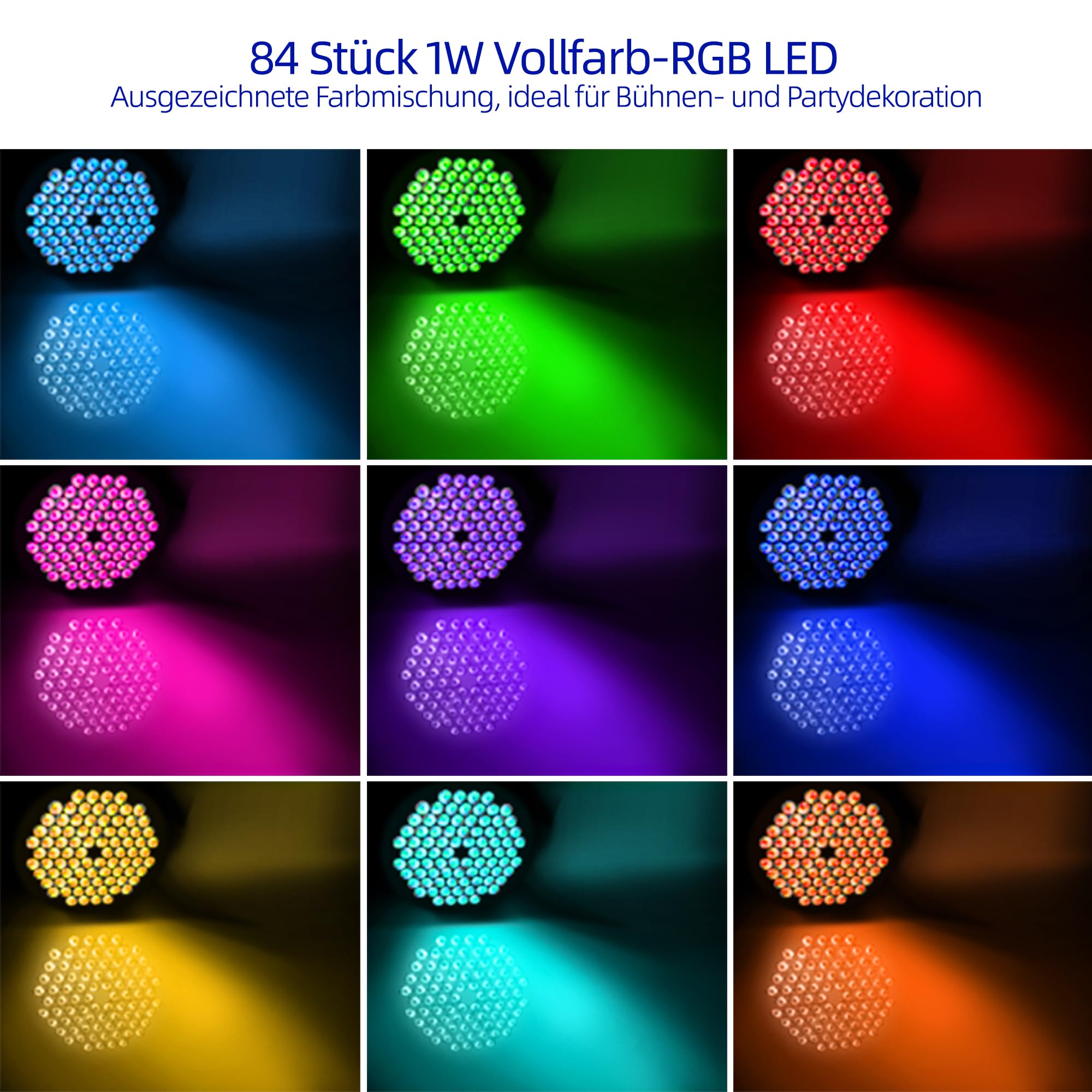 Confezione da 2 fari LED PAR (84 × 1 W RGB 3 in 1 LED, DMX512, Sound-to-Light) – 0-100% dimmerabile, angolo di diffusione 25°, illuminazione per palcoscenico per DJ, matrimoni, feste, chiesa