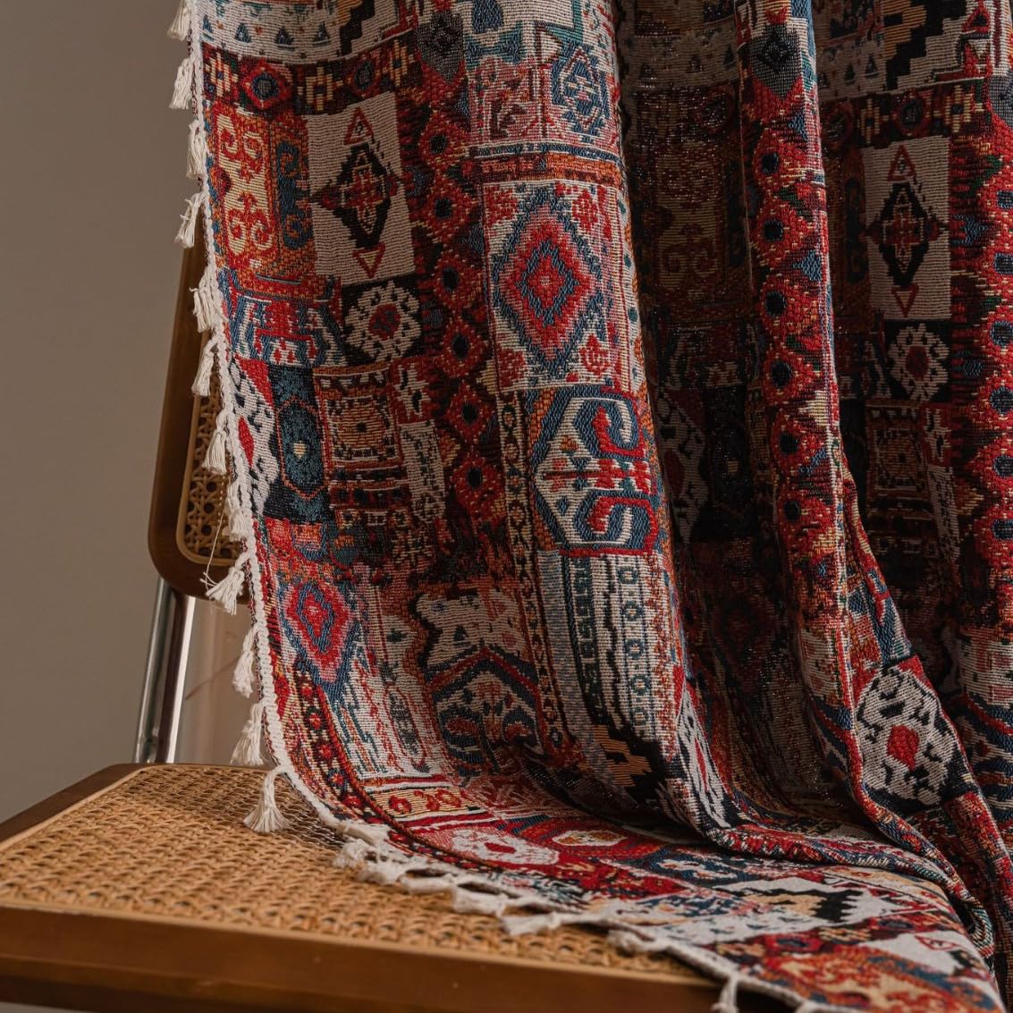 USTIDE Ethnic Bohemian Jacquard Curtains Blackout Thermal - Tribal Farmhouse Retro Design for Bedroom & Living Room (150x160cm,1Panel) - Image 4