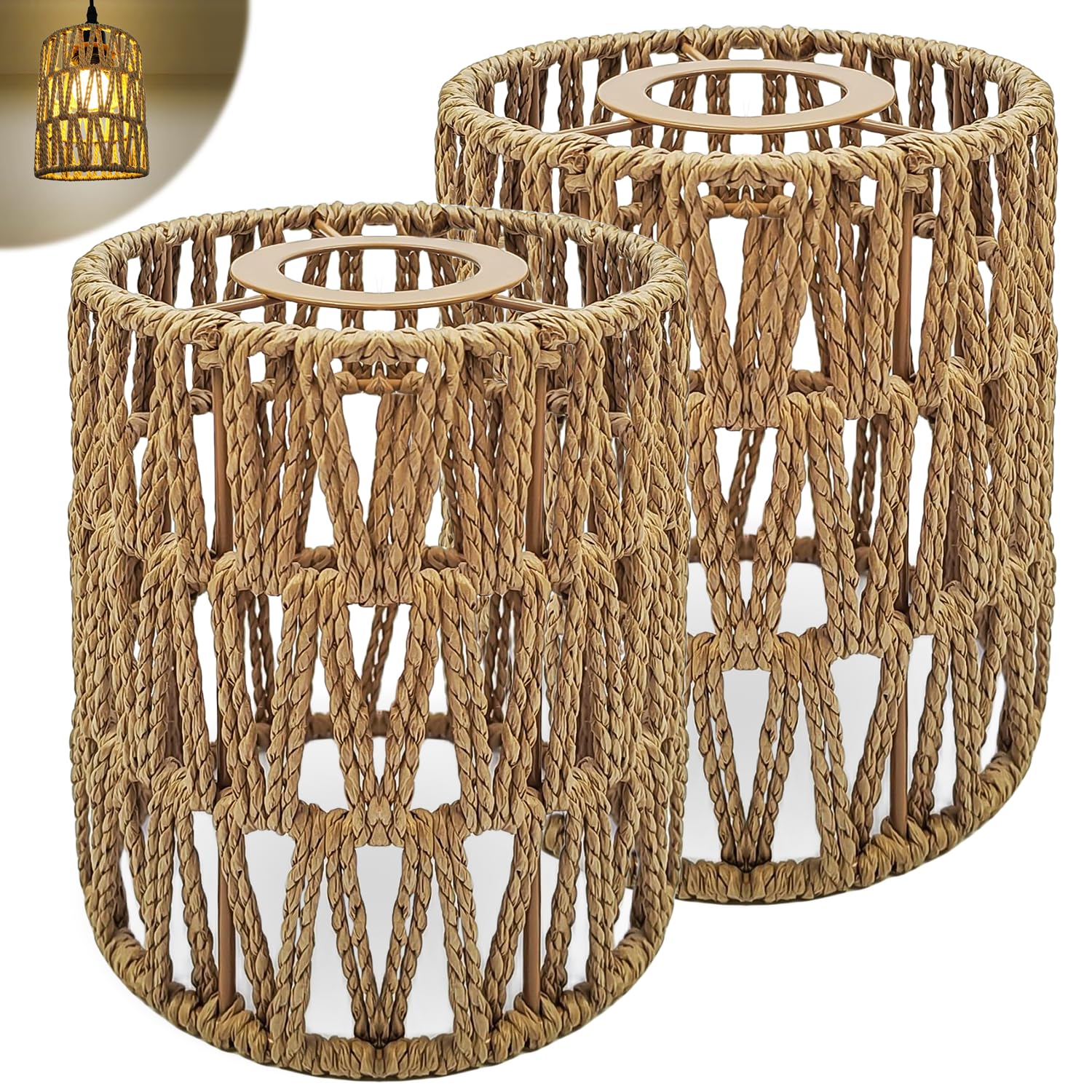 Paralume a sospensione effetto rattan, 2 pezzi, stile boho retrò, copertura per lampade a sospensione, accessori per sala da pranzo, soggiorno in beige