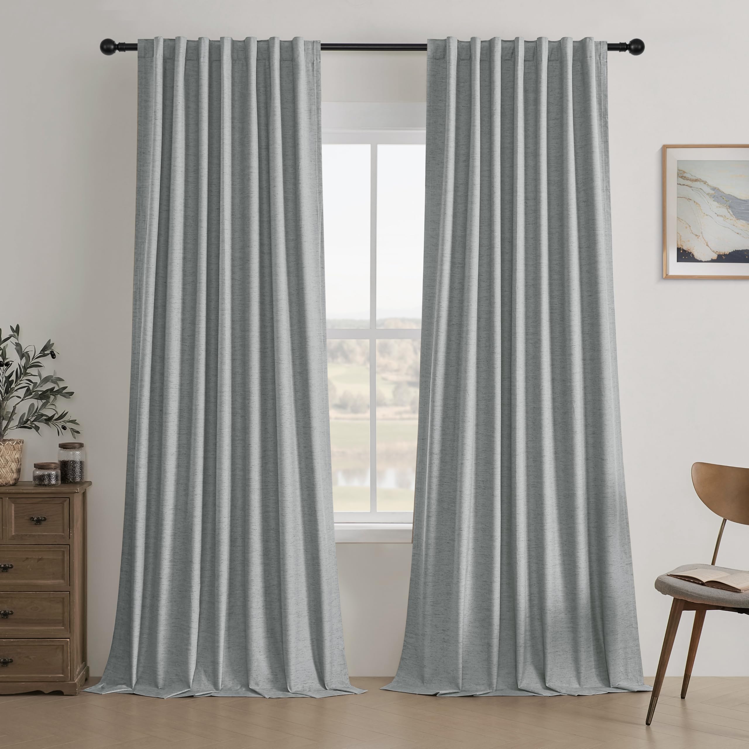 UHITECH Graue Leinen-Schlafzimmer-Vorhänge, Verdunkelung, 244 cm Länge, Schlaufenvorhänge und Vorhänge, moderne Verdunkelung für Wohnzimmer, schalldicht und wärmeisoliert, Fenstervorhänge