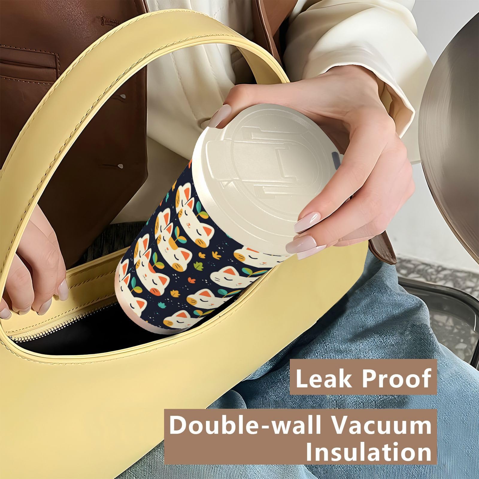 linqin Taza de café de viaje con cara de gato con hierba para mujer con tapas, taza térmica de acero inoxidable para frío y calor, 17 onzas, a prueba de fugas