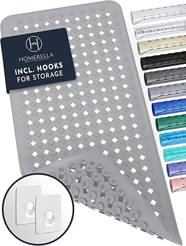 Tapete de ducha y bañera antideslizante de 35 x 16 pulgadas de largo, para ancianos y niños, incluye ganchos para almacenamiento, lavable a máquina,