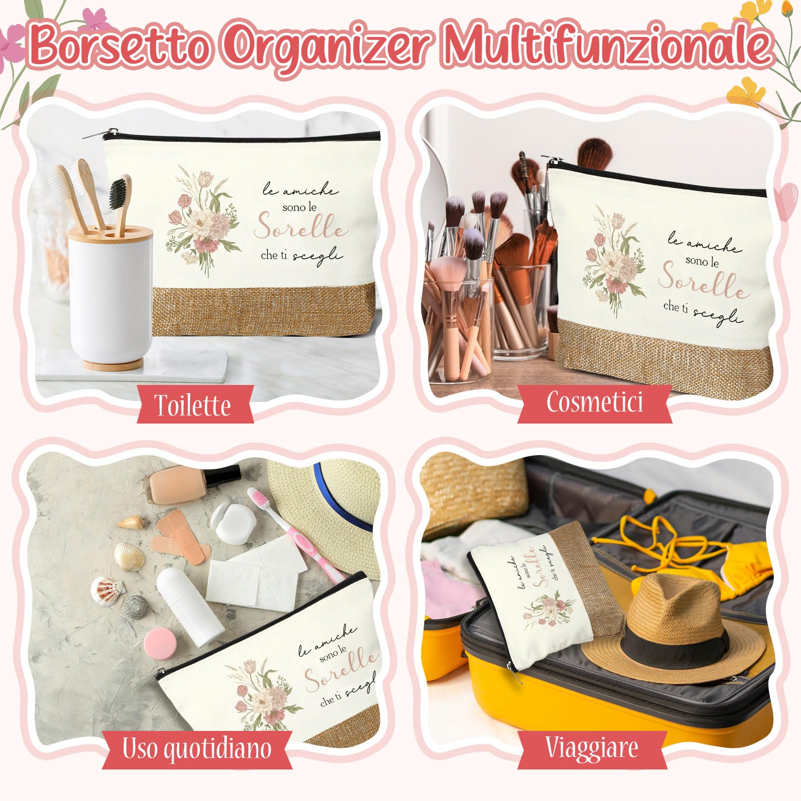 Jadive 3 Pezzi Set Regali da Fare alla Sorella Includere Pochette Cosmetica in Lino Patchwork Portachiavi Amicizia Penna a Sfera Legno per Donna Migliore Amica Compleanno Laurea Universitari Ufficio
