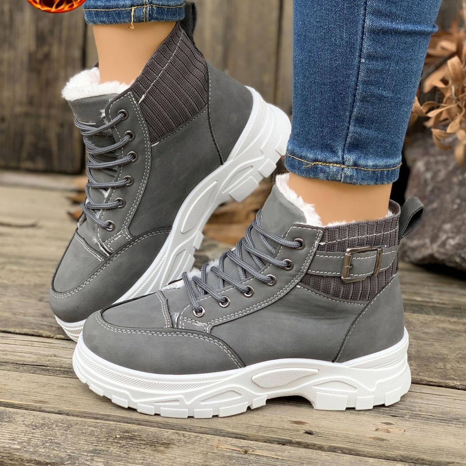 Męskie zimowe trampki z wysoką cholewką, ciepłe, z podszewką z futra, na co dzień, sznurowane buty do codziennego chodzenia i streetwear, szary, 38 EU