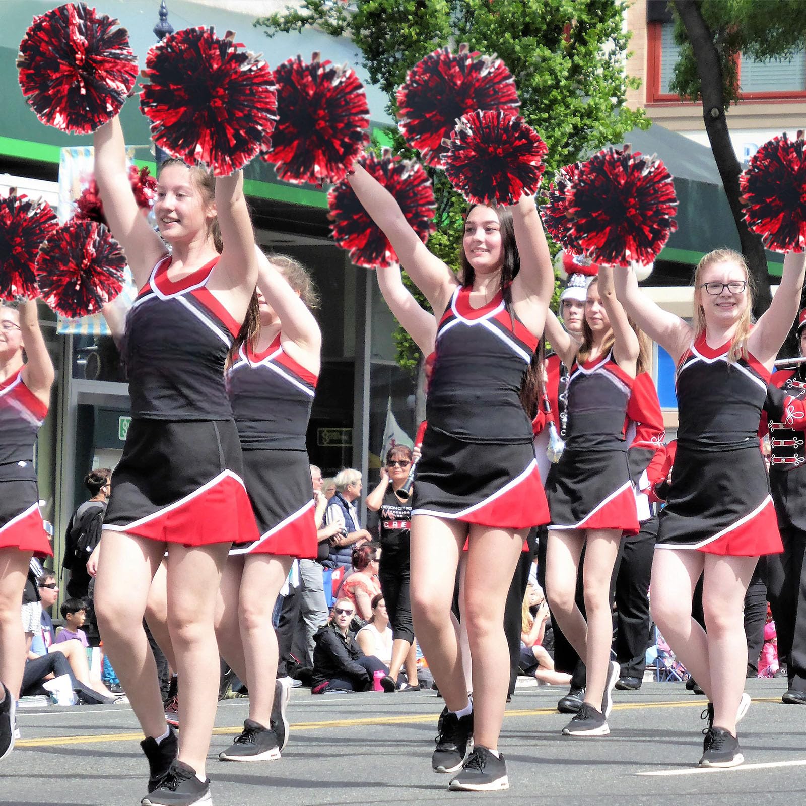 WILLBOND Lot de 12 pompons de pom-pom girl en feuille métallique avec poignée en plastique pour jeu d'esprit, sport, danse, équipe de football (noir et rouge)