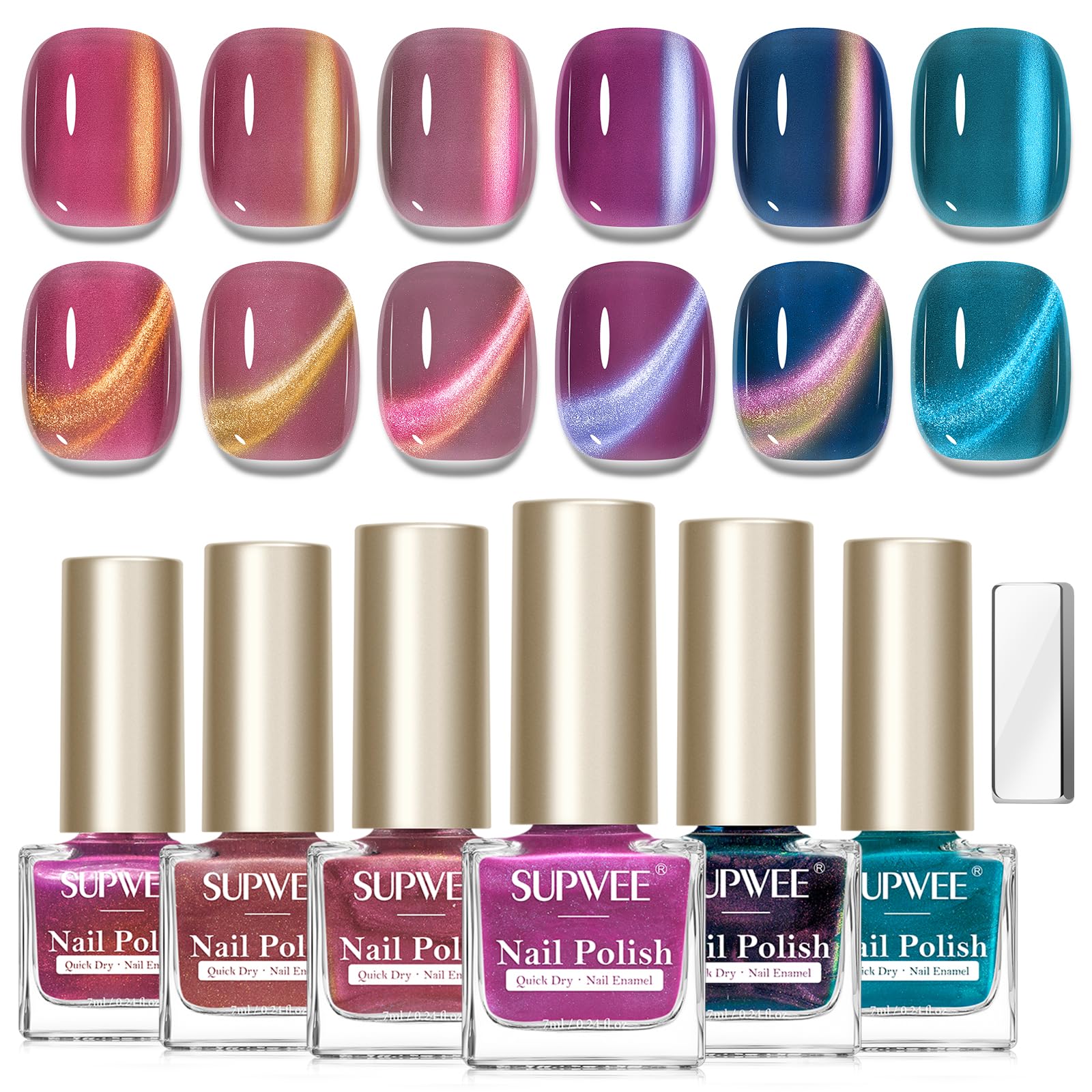 SUPWEE Cat Eye Nail Polish Set 6 Colors Magnetic Nail Polish Quick Dry Holographic Cat Eye Effect Air Dry Nails Suitable for Manicure Salon and Home DIY, For Women