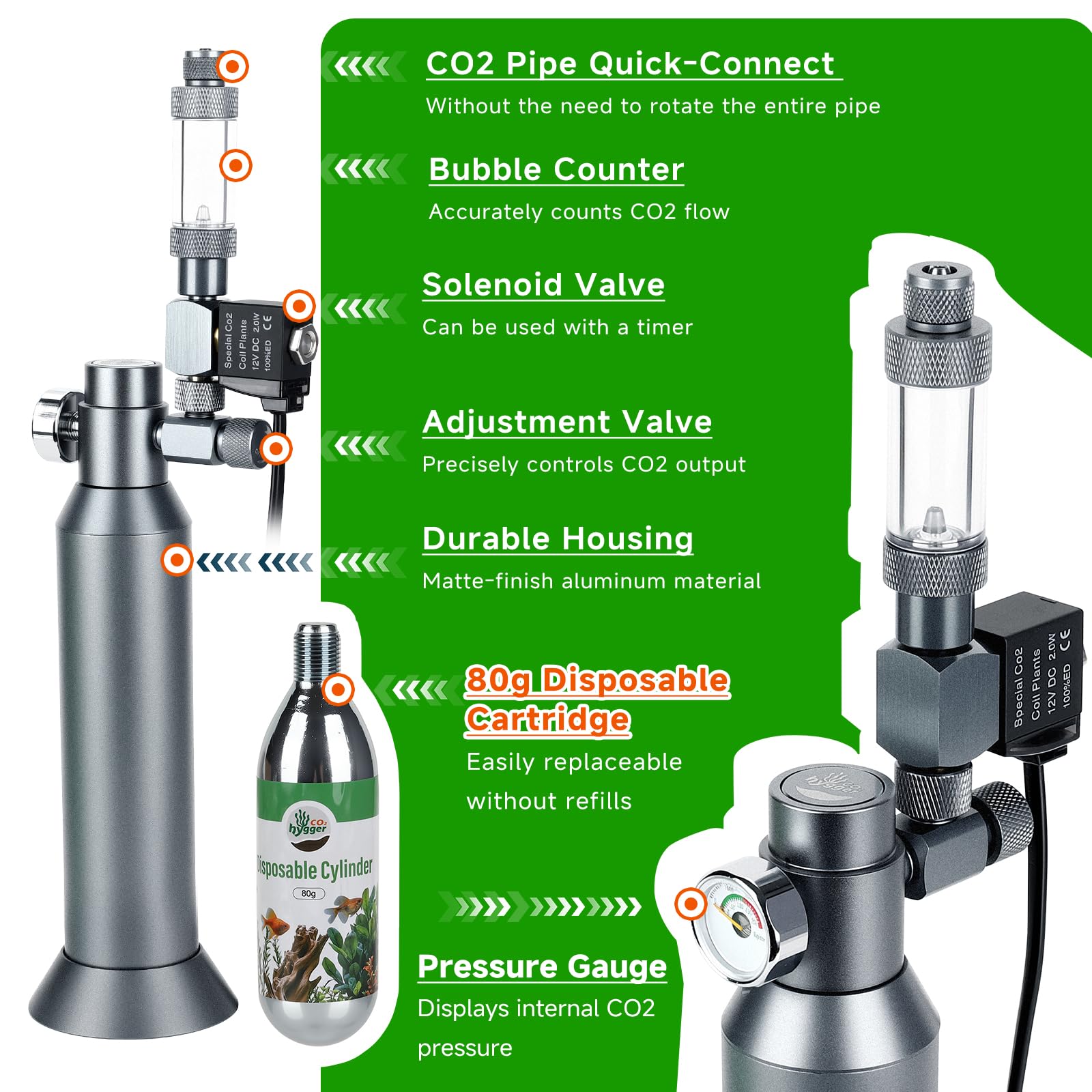 Regulador de CO2 de escritorio con cartucho de CO2 desechable de 80 g con válvula solenoide, sistema completo de CO2 de acuario, compatible con rosca de 5/8 pulgadas para nano acuarios