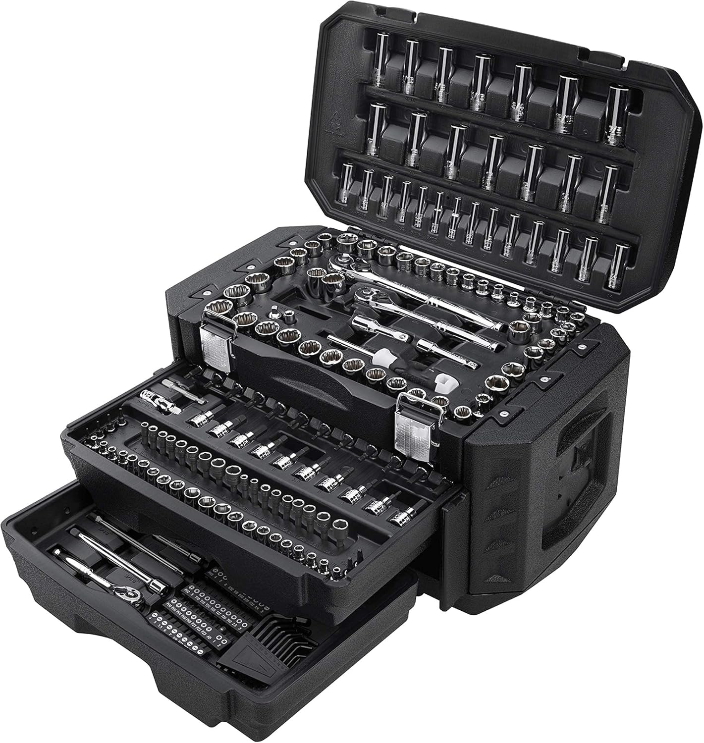 Multiple Drive 215-Piece Mechanics Tool Set SAE Metric-sized Sockets Drive Gift for Dad DIYers Homeowner Chrome Finish Steel Construction Handy Black Storage Case with Drawers Portable