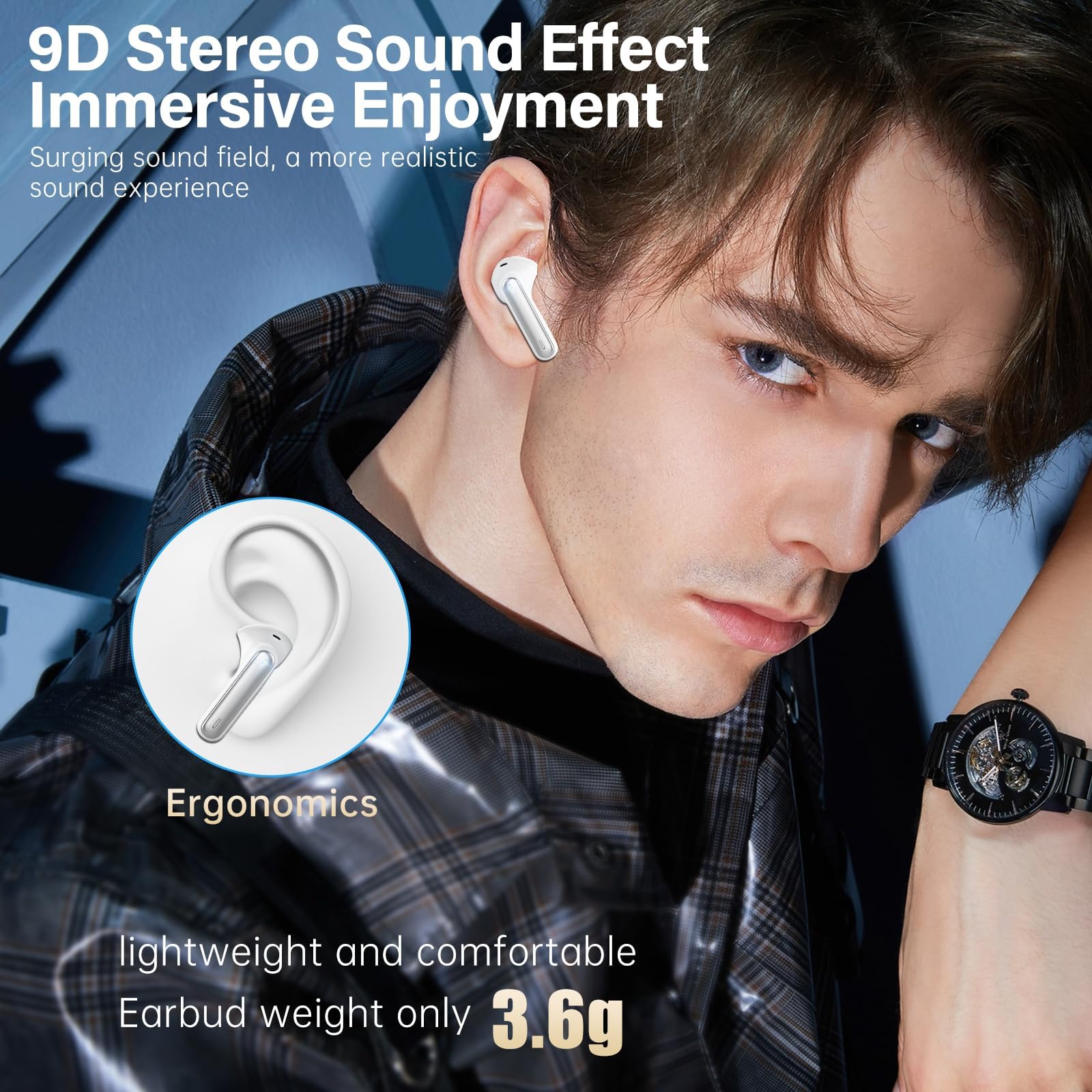 Wireless Earbuds, Bluetooth 5.3 Headphones HiFi Stereo 50H Playback LED Digital Display Ear Buds with ENC Noise Canceling Headset, IPX7 Waterproof Earphones for Gym/Running/Work (White) — view 5