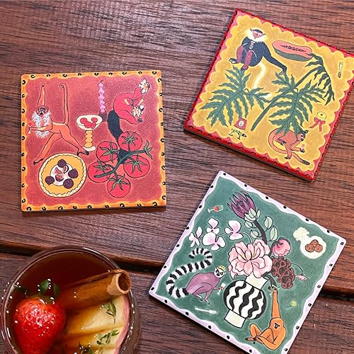 Miniatura 7 de SAMCAM Juego de 6 posavasos de bar, absorbentes de 4 pulgadas con superficie de cerámica y base de corcho, juego de posavasos artísticos para