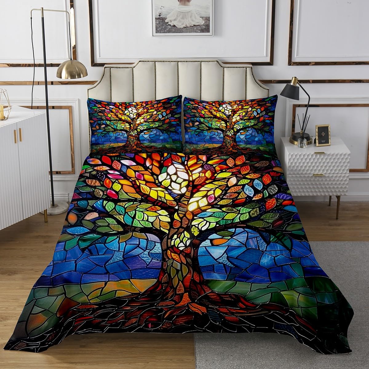Colcha de estilo barroco bohemio exótico tamaño King, 3 piezas con 2 fundas de almohada, edredón de microfibra transpirable con diseño de árbol de la vida