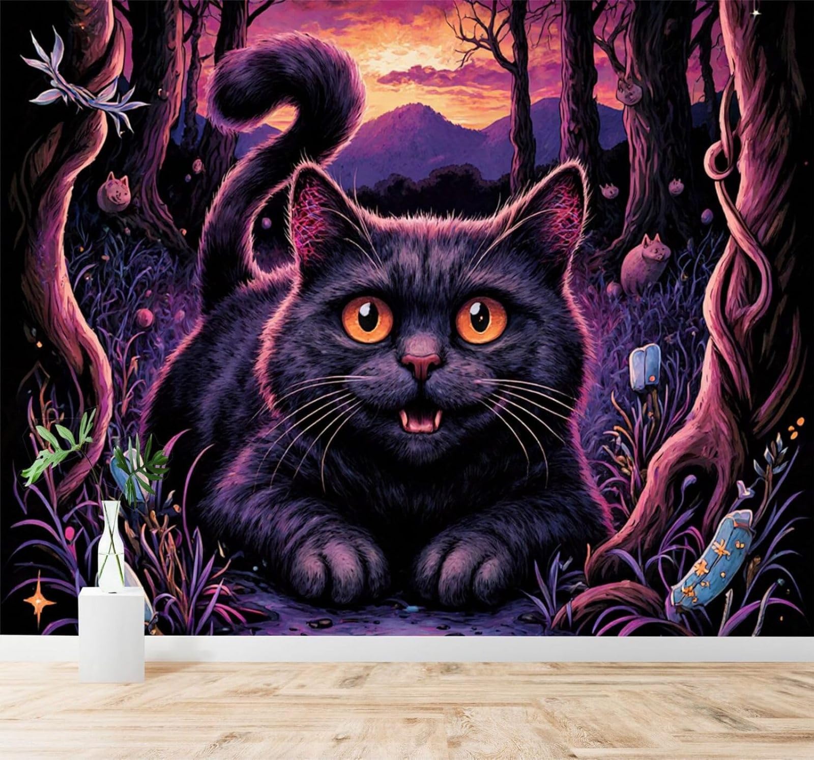 Tzxztt Black Cat Dreamlike Forest Purple Sunset Mountains Modern 3D Wallpaper Premium Textured Silk Neutral Tones Material Ideal for Living Room Bedroom-300cm×210cm