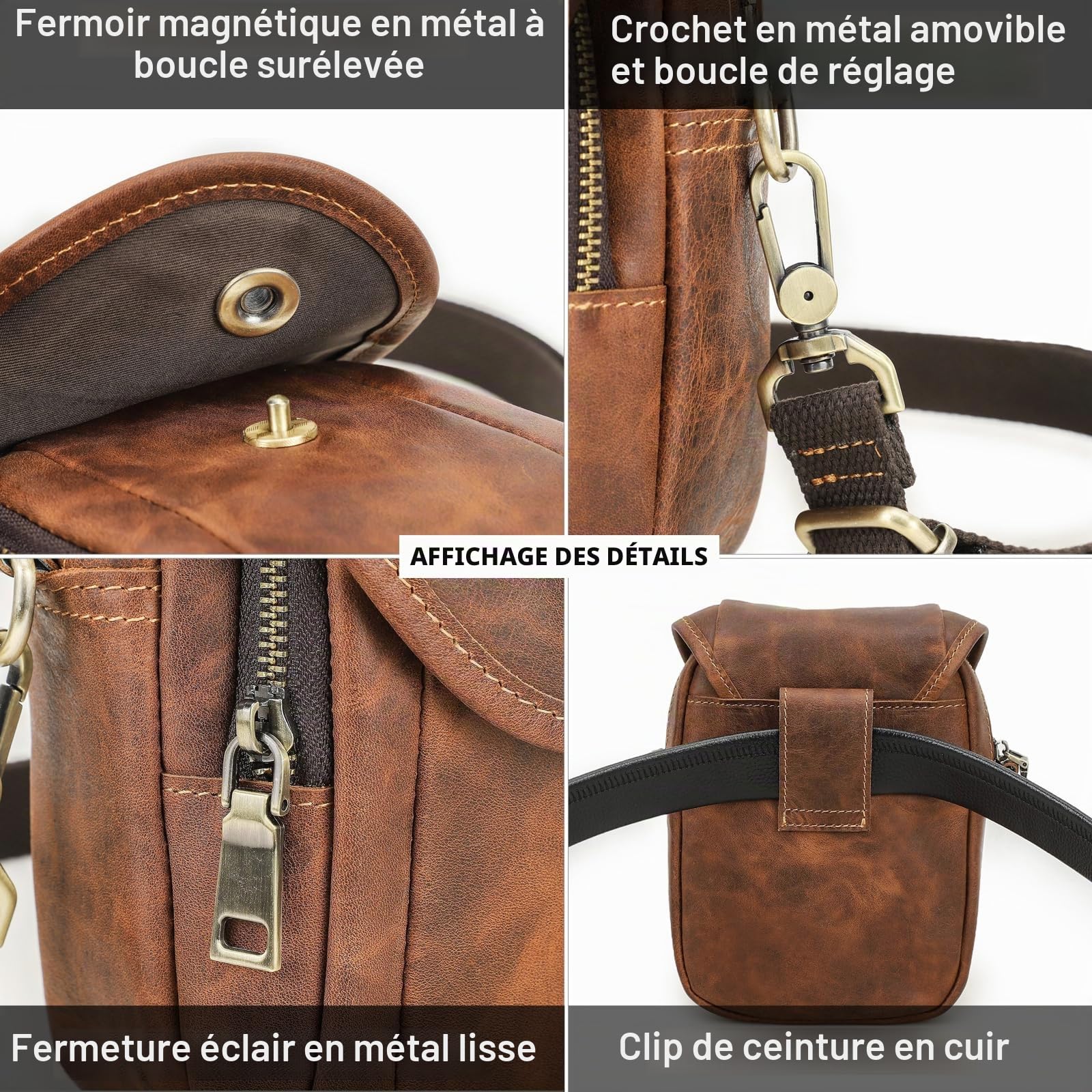 Contacts Petit sac à bandoulière en cuir pour homme avec sangle réglable, café, 14.0 X 7.5 X 19.5 Centimeters, Rétro