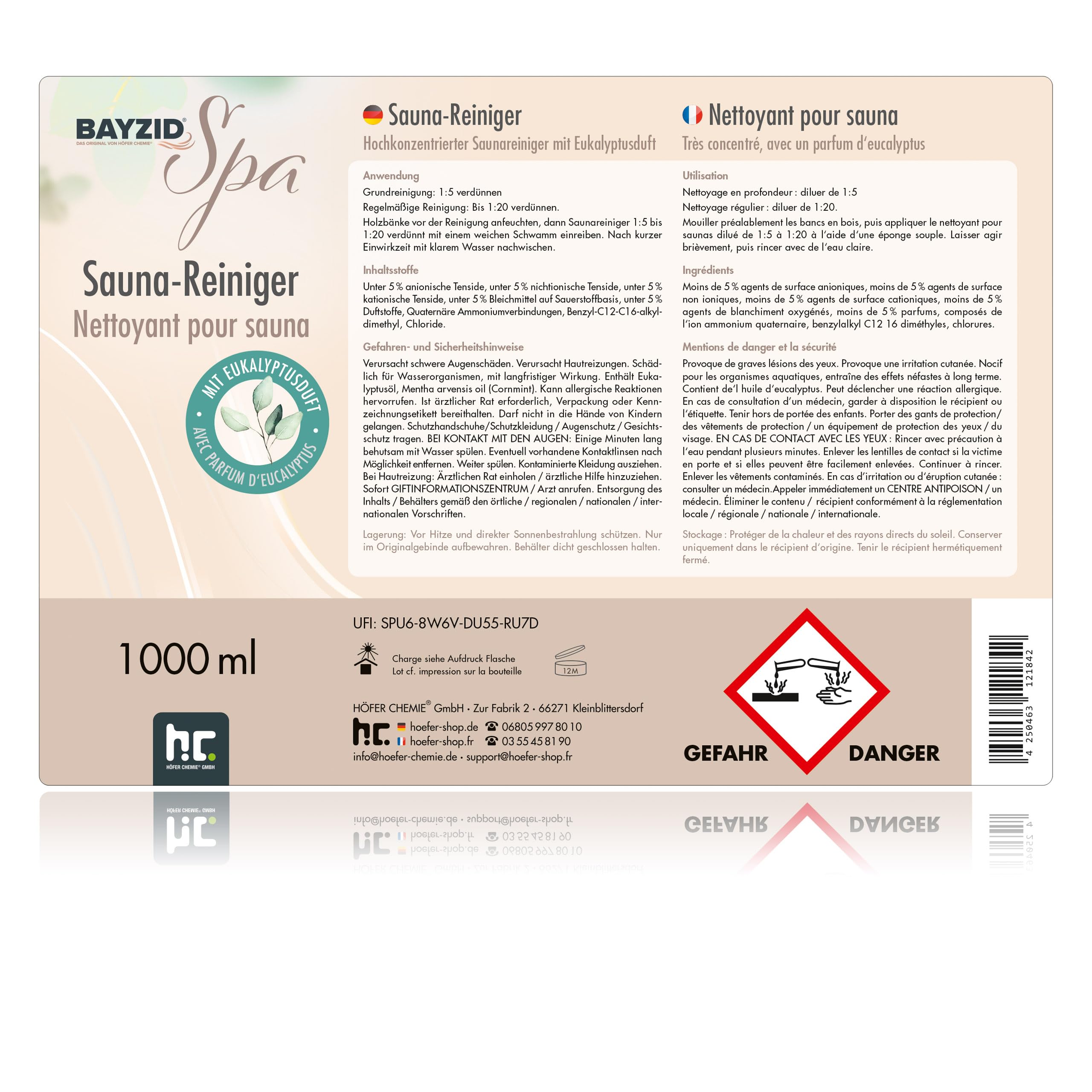 1 L Bayzid SPA Nettoyant pour Sauna concentré parfum eucalyptus, pour le nettoyage du bois du sauna