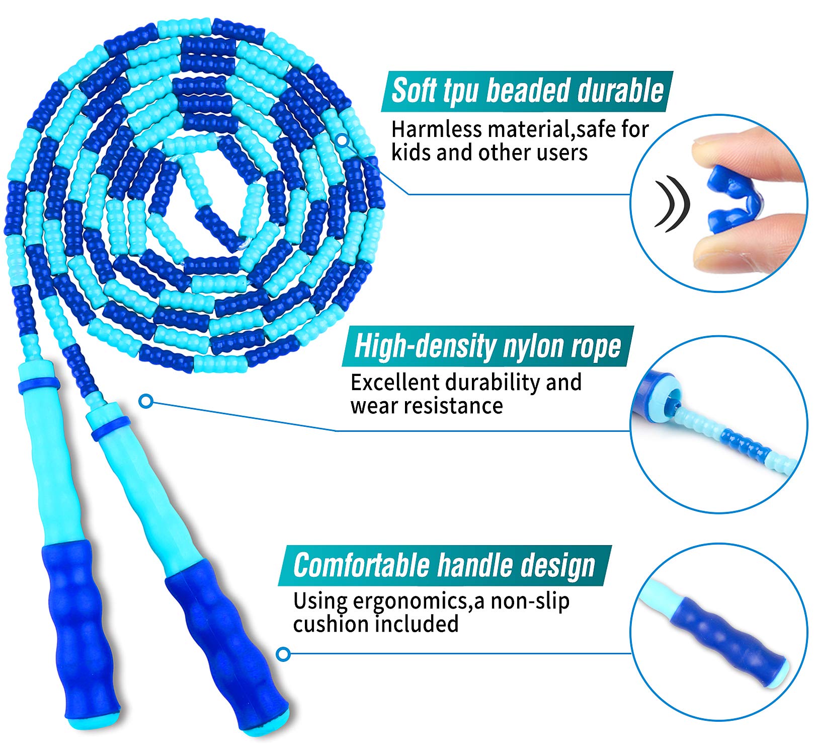 Cooyoo Springseil mit weichen Perlen (3er-Pack), Premium-Springseil, verstellbar, frei segmentiert, verhedderungsfrei, Training, Fitness, Cardio, Springseil, für Herren, 2.7 m, Blau / Lila / Grün