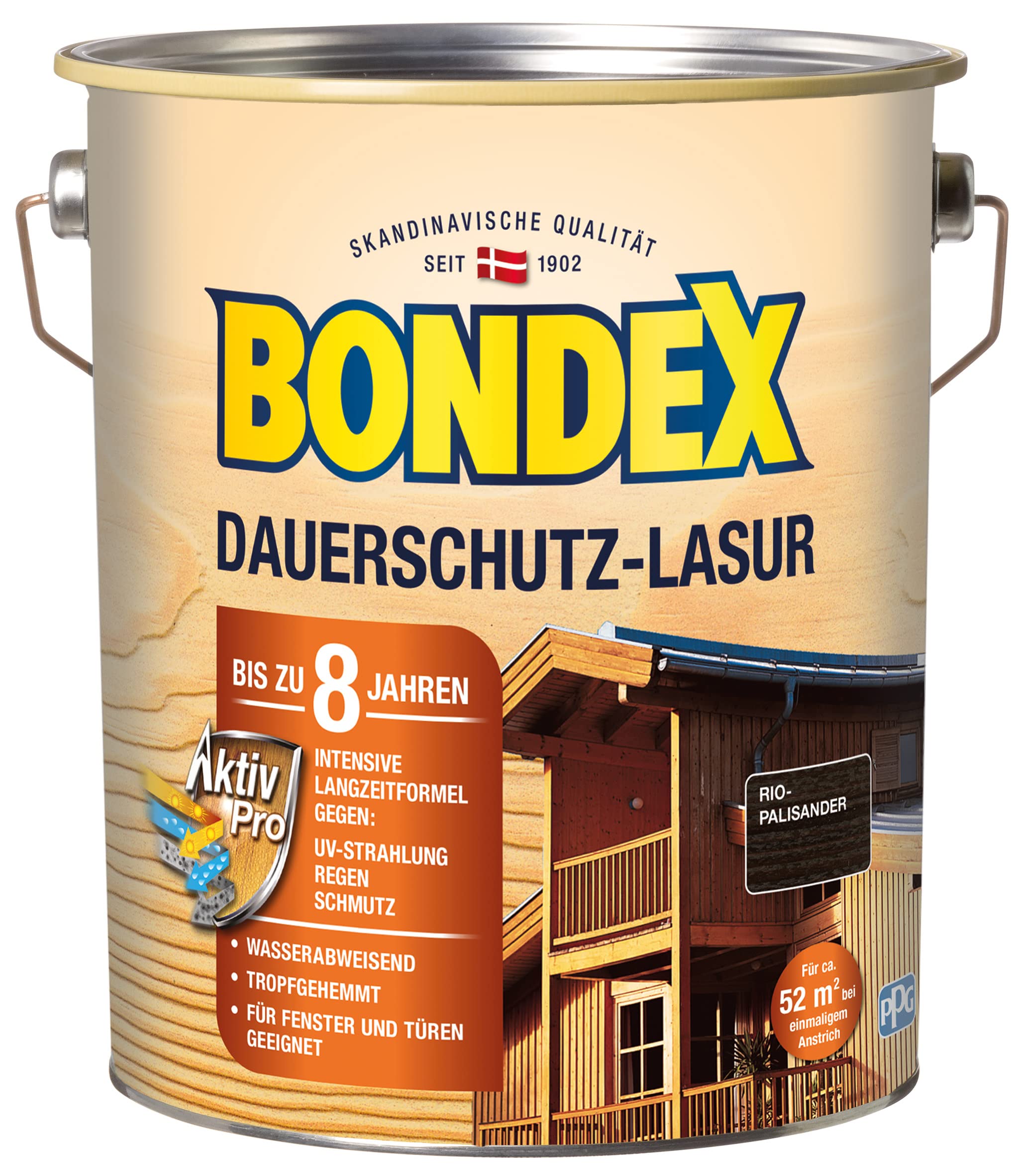 Bondex Dauerschutz Lasur Rio Palisander 4 L für 52 m² | Hoher Wetter- und UV-Schutz bis zu 8 Jahre | Tropfgehemmt | Natürliches Abwittern - kein Abplatzen | Dauerschutzlasur| Holzlasur
