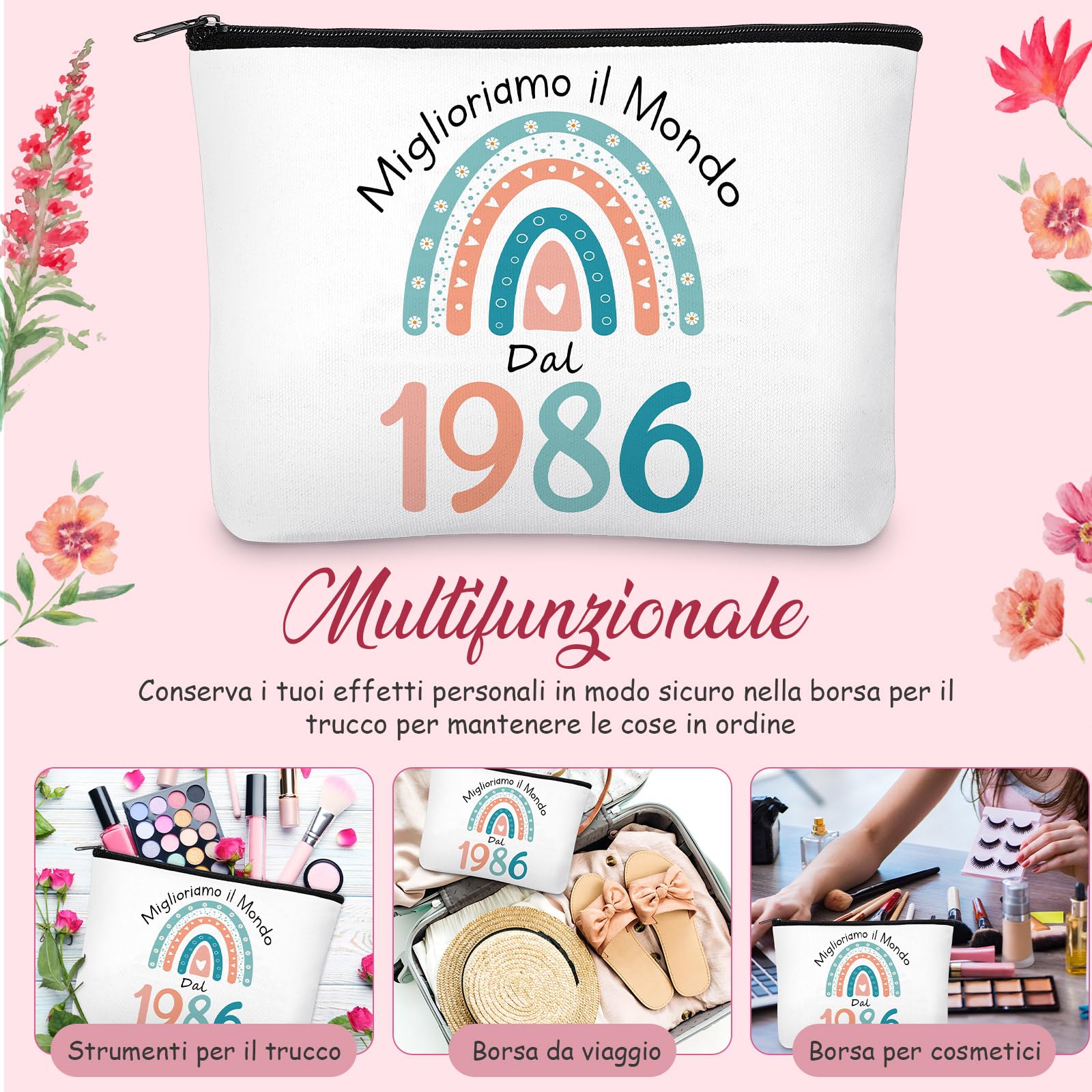 Jadive Regalo 40 Anni Donna Compreso Borsa Cosmetica per Donna Calzini e Portachiavi Ideale Come Regalo Di Compleanno Per Moglie, Sorella O Amica, Celebrare 40 Anni Di Compleanno Donna(1986)