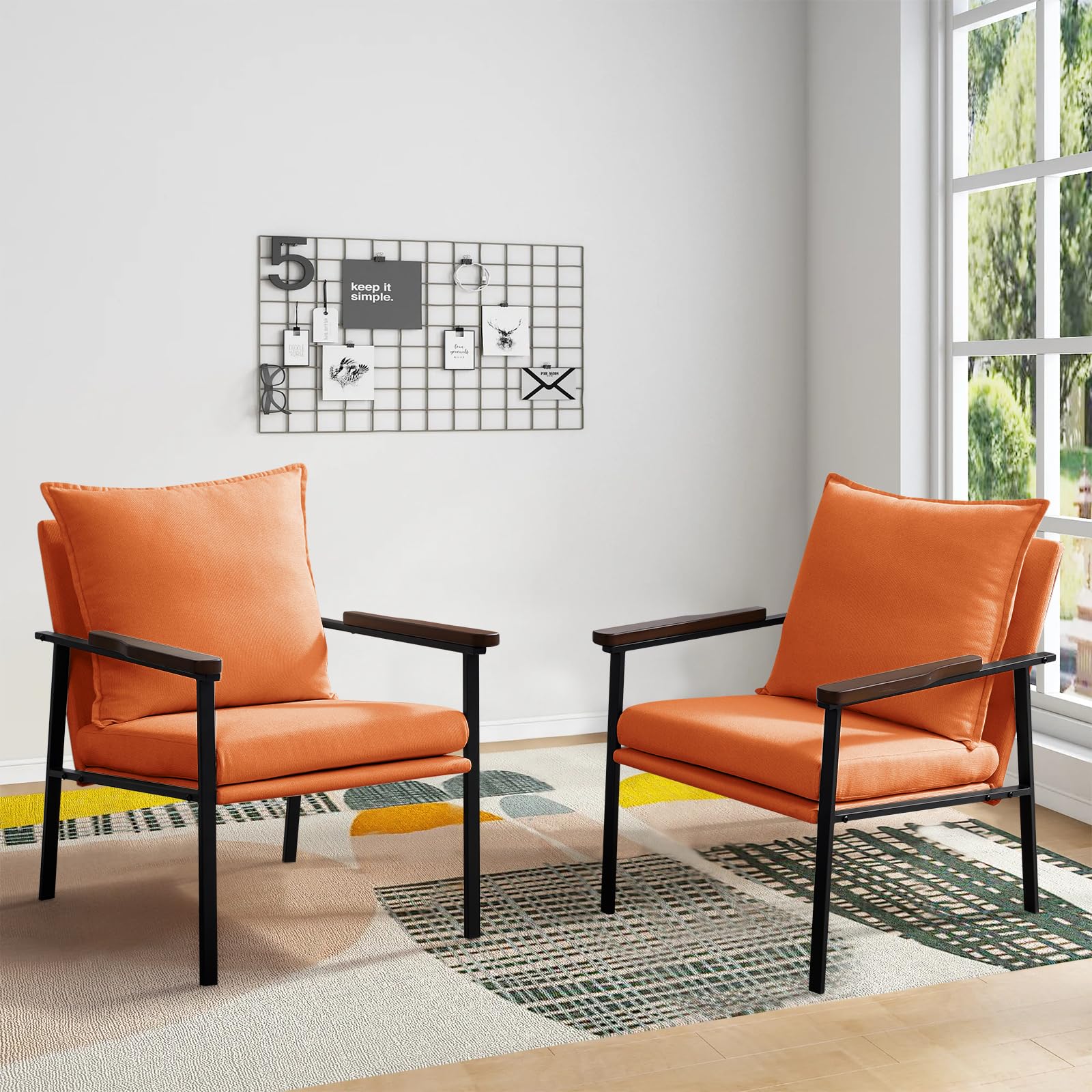 Amazon Brand- Accent Chair Mid-Century Modern Armchair with Wide Solid Wood armrests,Metal Frame and Foam Upholstery and Cotton Cushion,Linen Fabric (Orange, Set of 2)