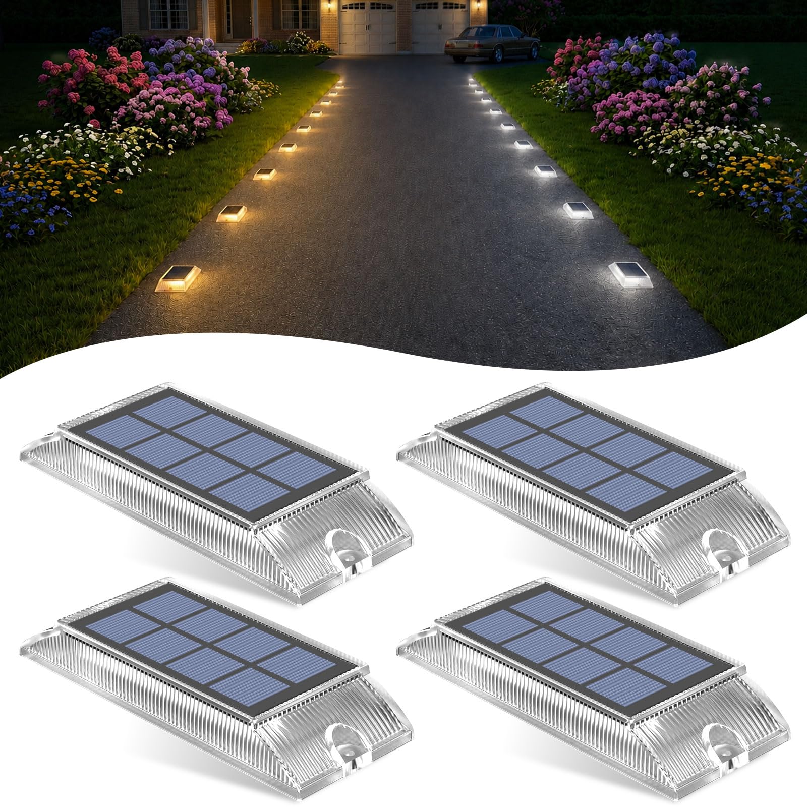 Lacasa Luci Solari Esterno Giardino 4 Pezzi, Segnapasso Solare Calpestabile 2 in 1 Bianco Caldo e Bianco Freddo, Luci Solari IP66 Impermeabili per Scale, Vialetto, Terrazzo, Piscina, Patio e Sentieri