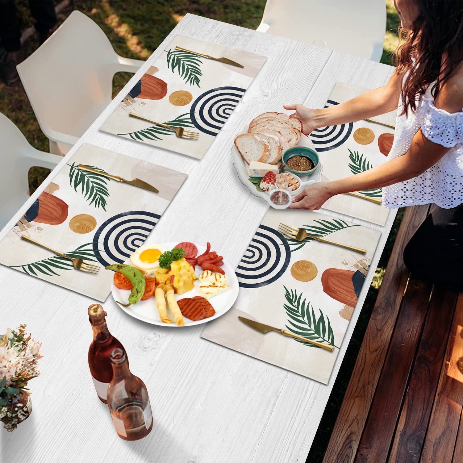 Yun Nist Mid Century Kitchen Placemats for Dining Tables Set of 4,Abstract Leaf Spillproof Table Mats Durable Washable Boho Place Mat for Hotel Restaurant Party 13x19In