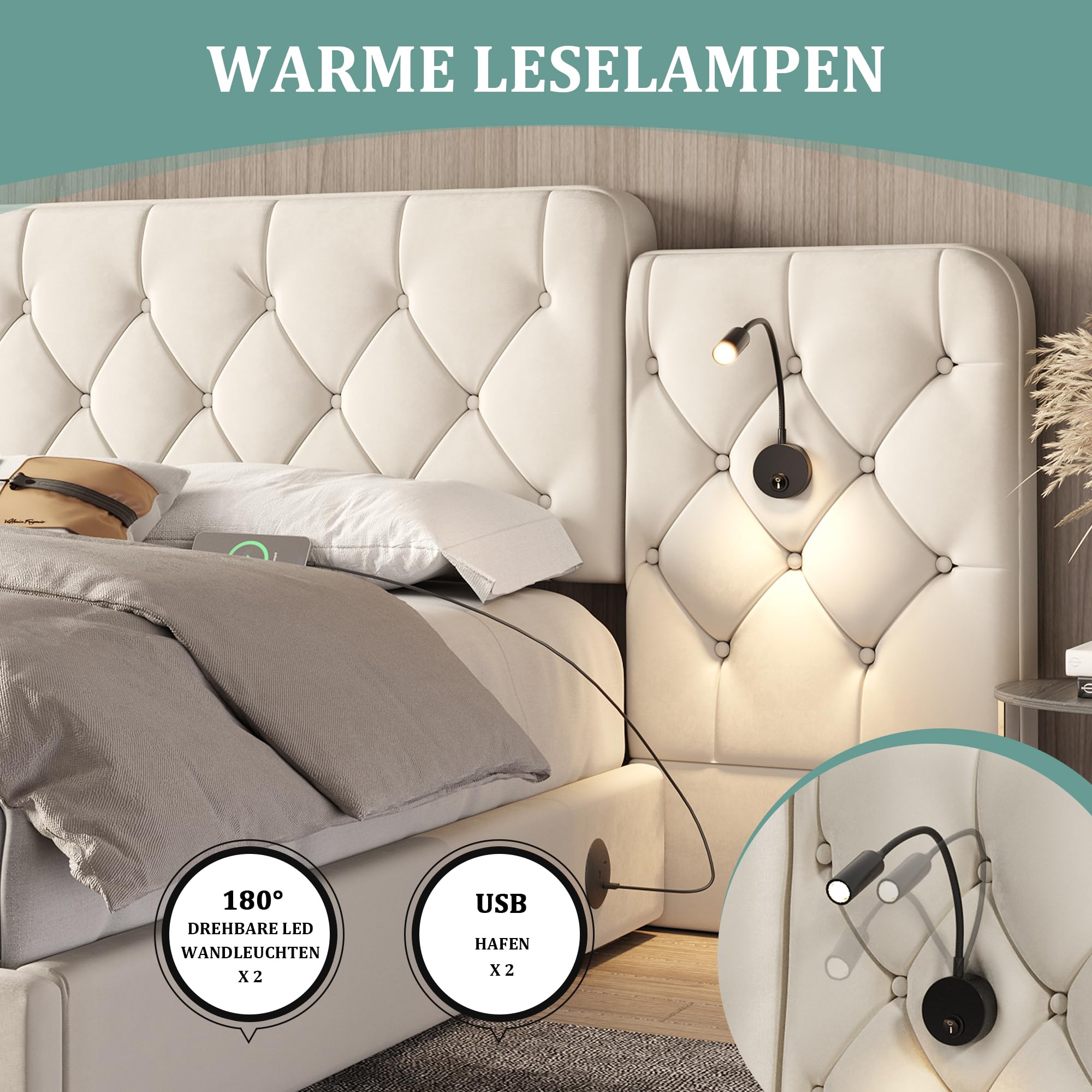 Estructura de cama con cabecero largo, 160 x 200 cm, material de terciopelo moderno, varios puertos USB, lámpara de escritorio, sistema hidráulico, espacio de almacenamiento extra grande, color