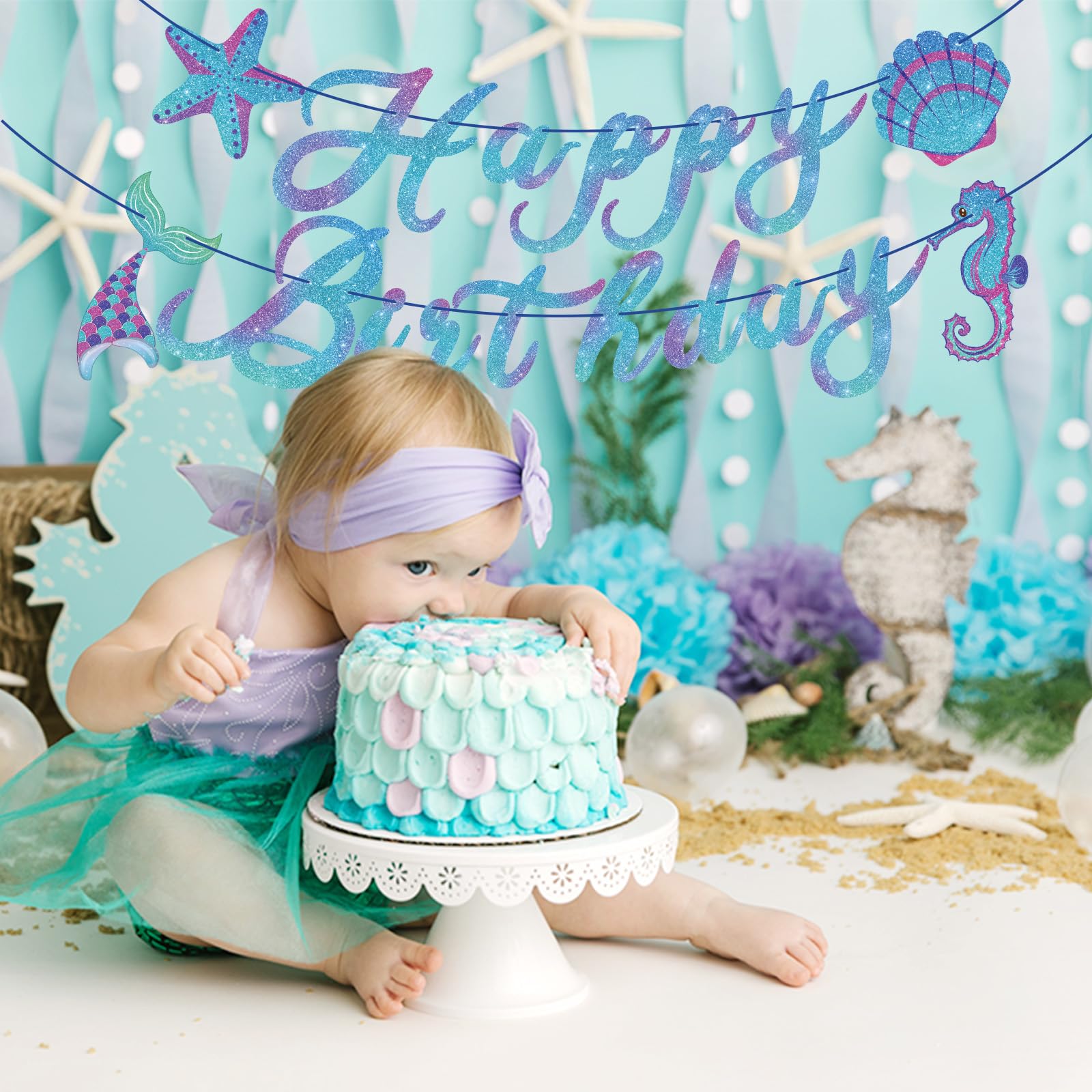 Hooqict Meerjungfrau Geburtstag Dekorationen Meerjungfrau Happy Birthday Banner Girlande Schild für Mädchen Baby 1. 2. 3. Party Banner unter dem Meer Motto Party Supplies hängende Dekorationen