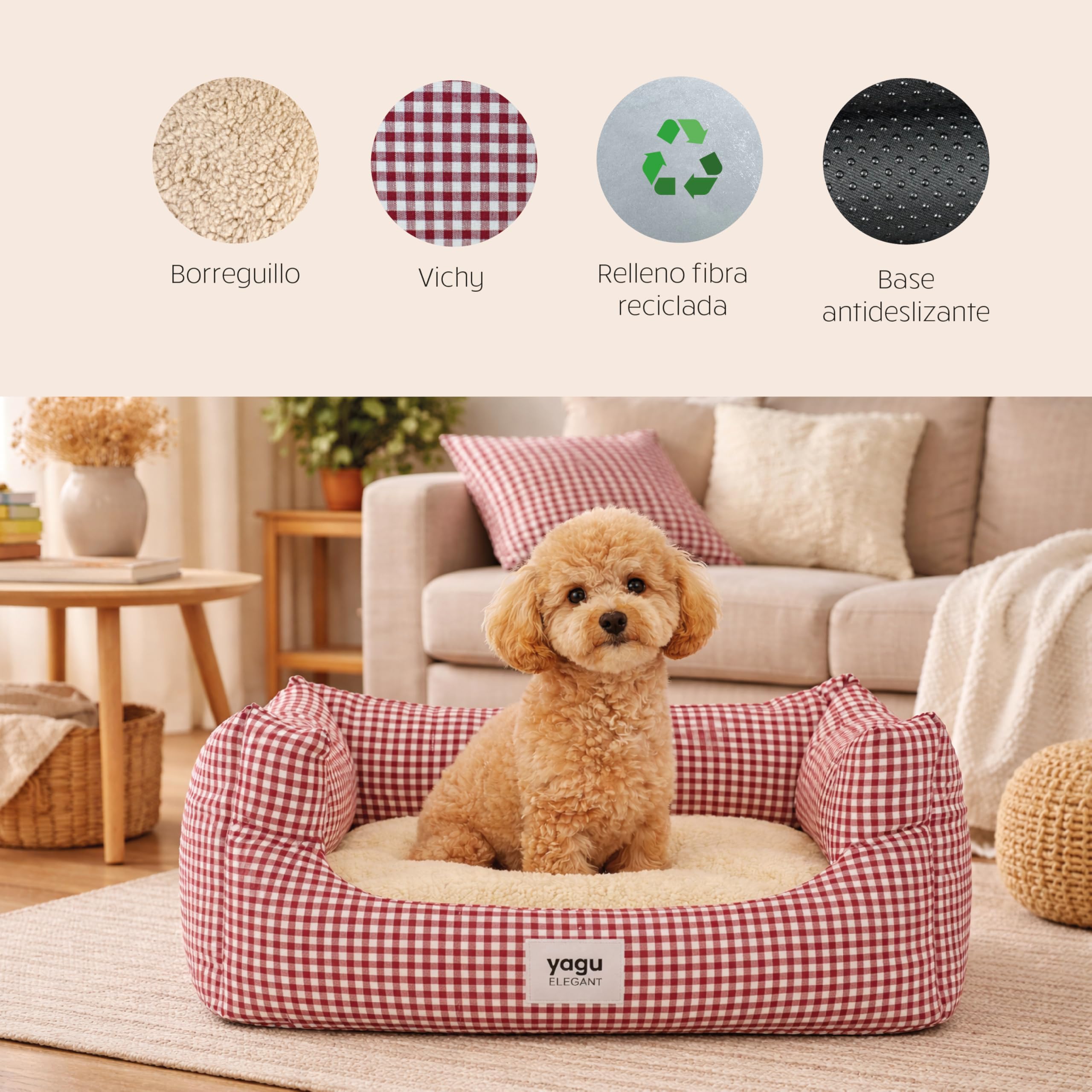 YAGU - Cama para Perros y Gatos T-1 (50x38x22 cm) Cama Confort Diseño Vichy Grana con Interior de Borreguillo Suave. Cojín Reversible, Relleno de Fibra Reciclada, Lavable y Base Antideslizante - 4